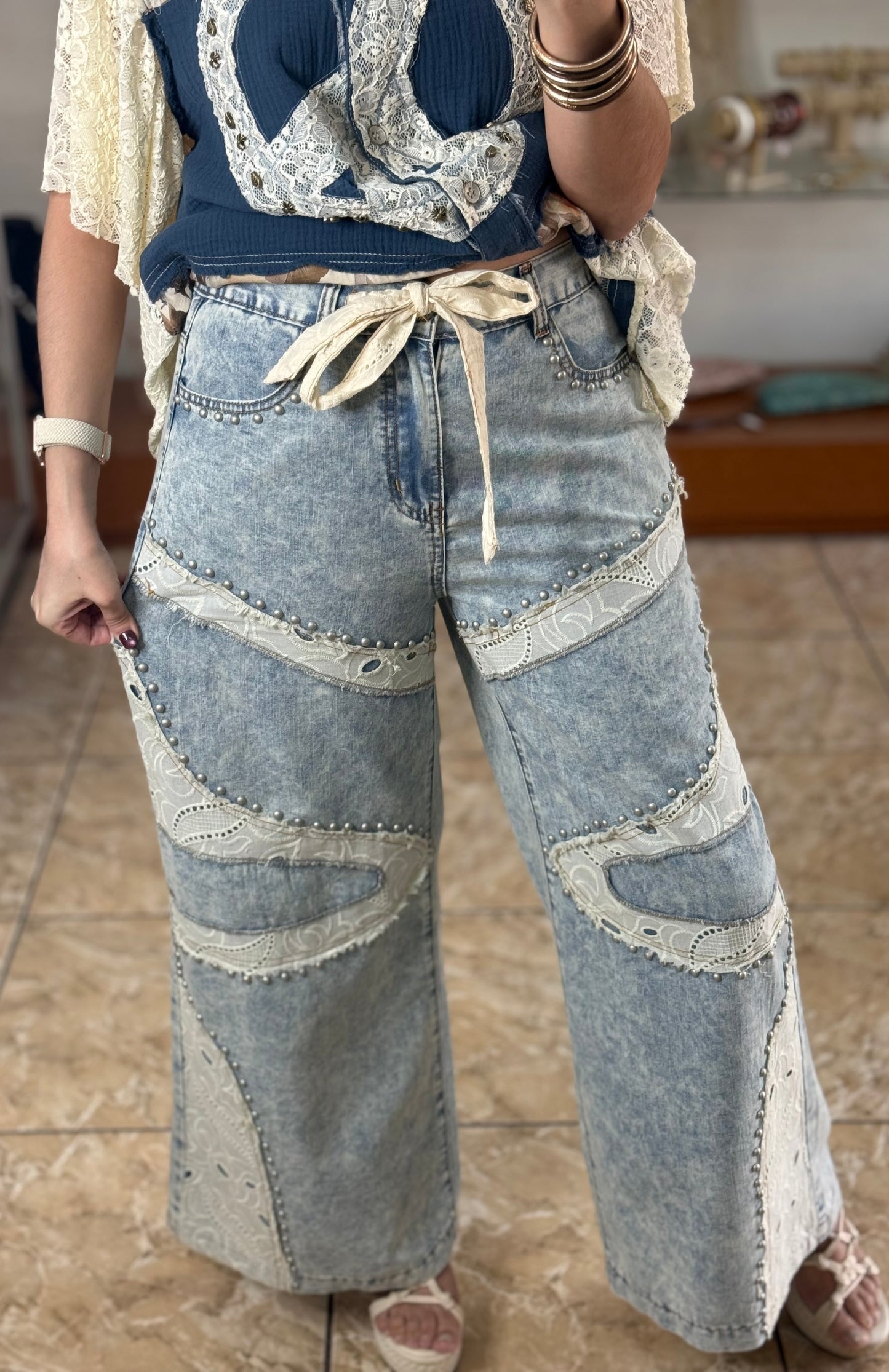 Eyelet and Studs Light Denim (Pant)