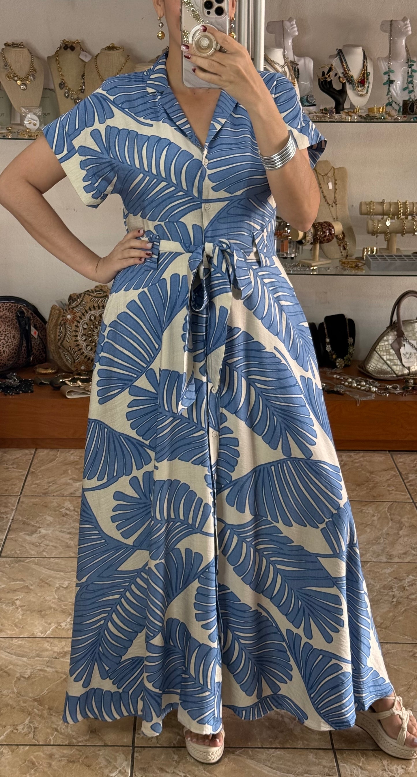 Blue Leaves Belted Maxi Dress