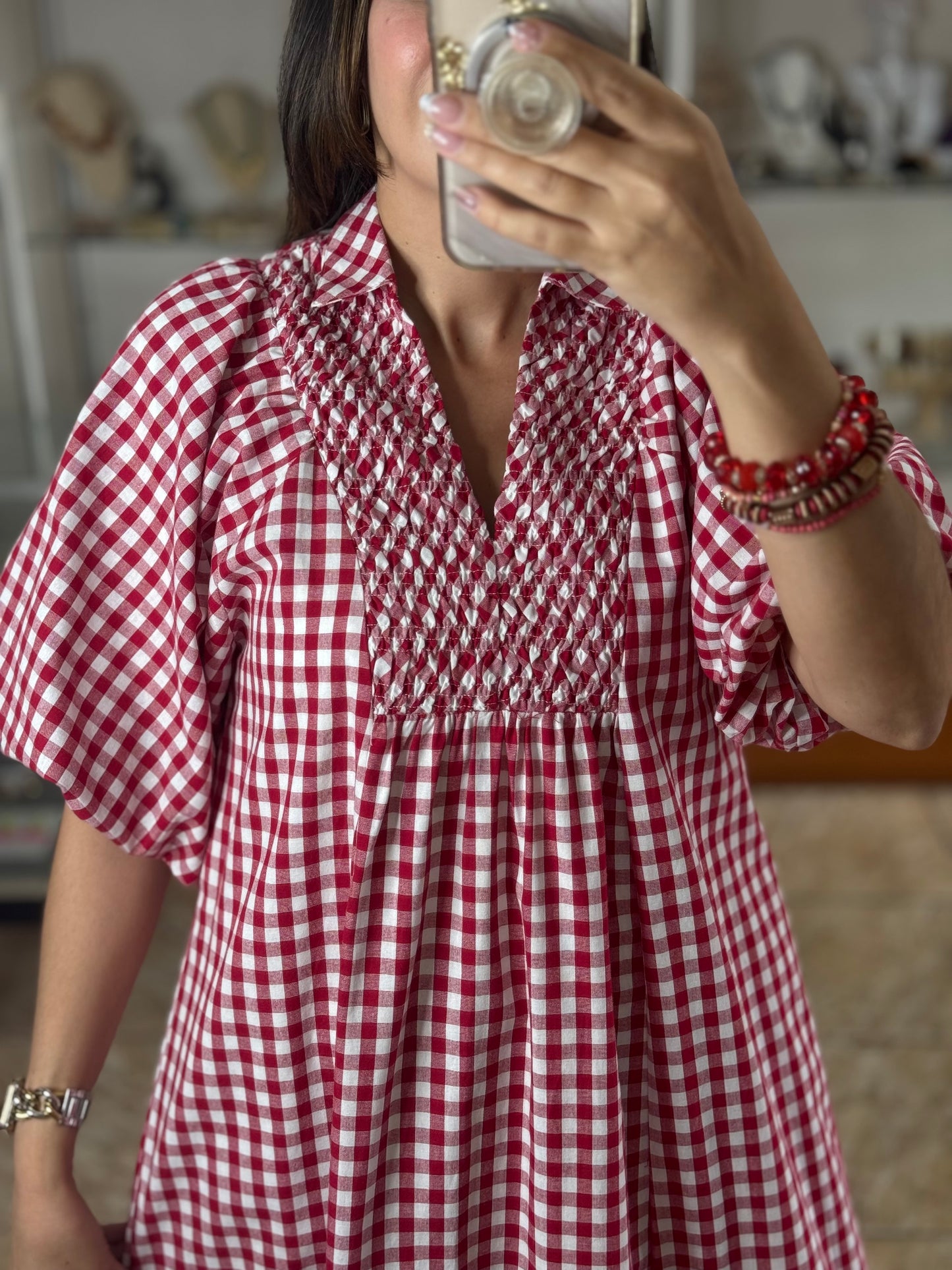 Puff Sleeve Plaid Midi Dress (Reg)