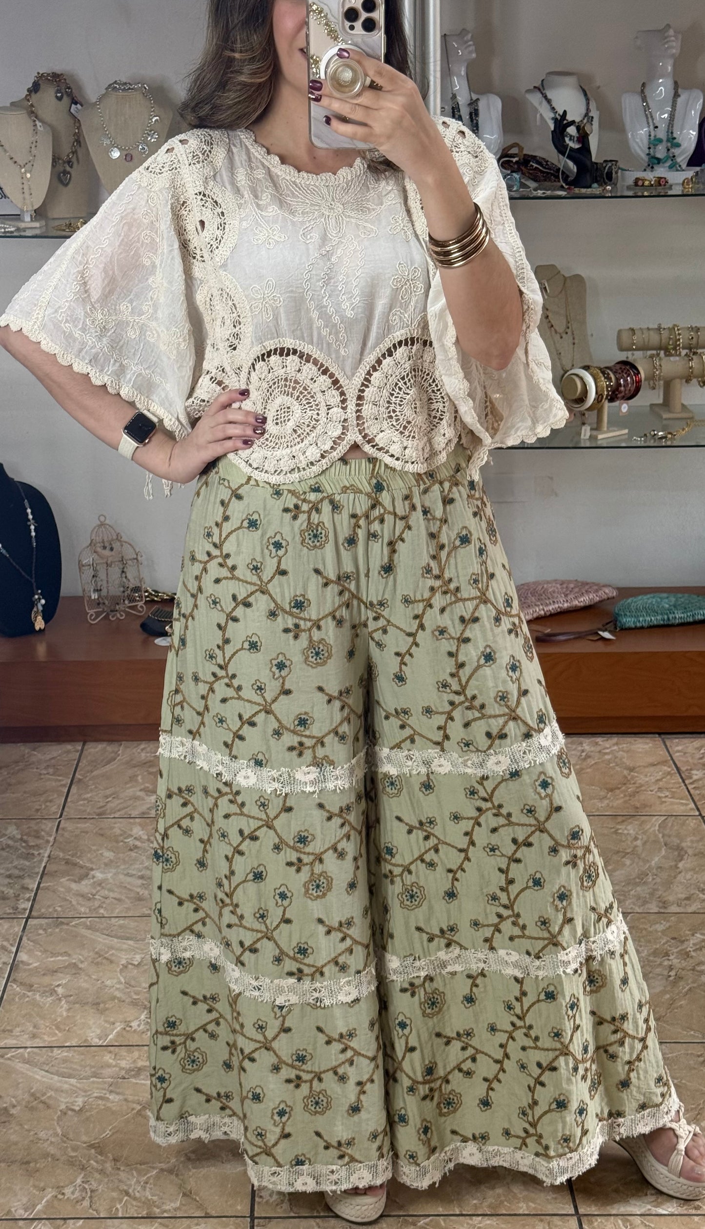 Green Floral Embroidered Pants
