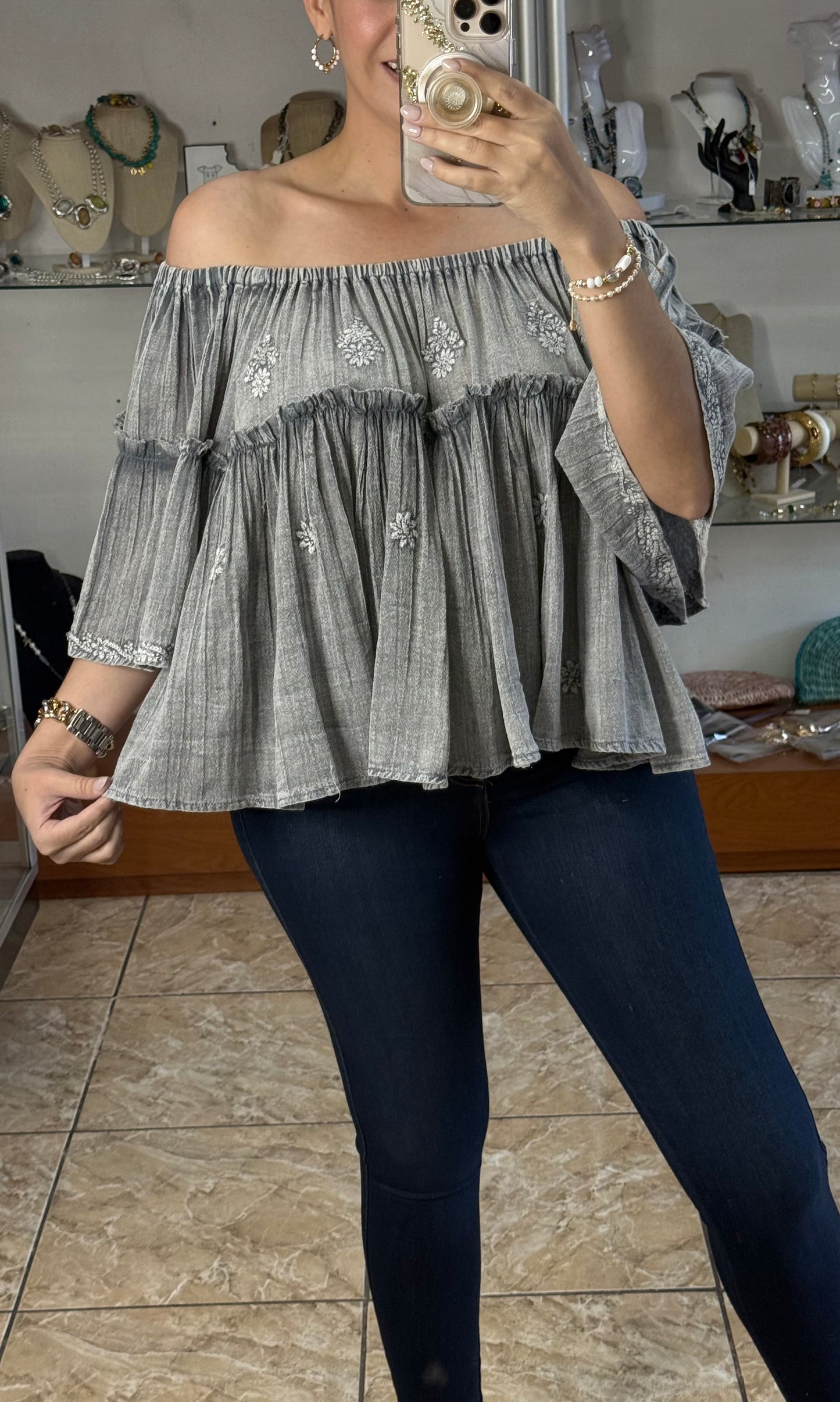 Gray Off Shoulder Floral Embroidered Top