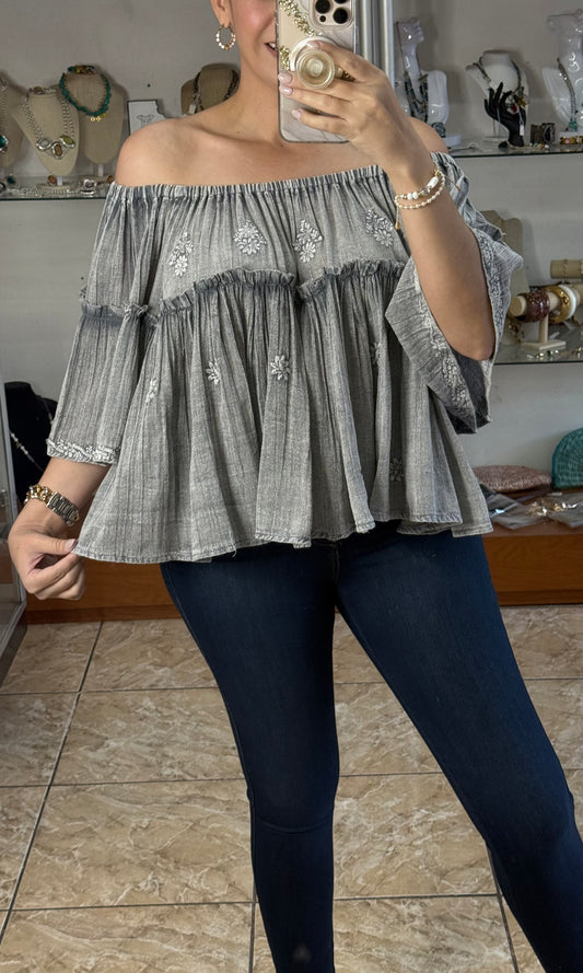Gray Off Shoulder Floral Embroidered Top