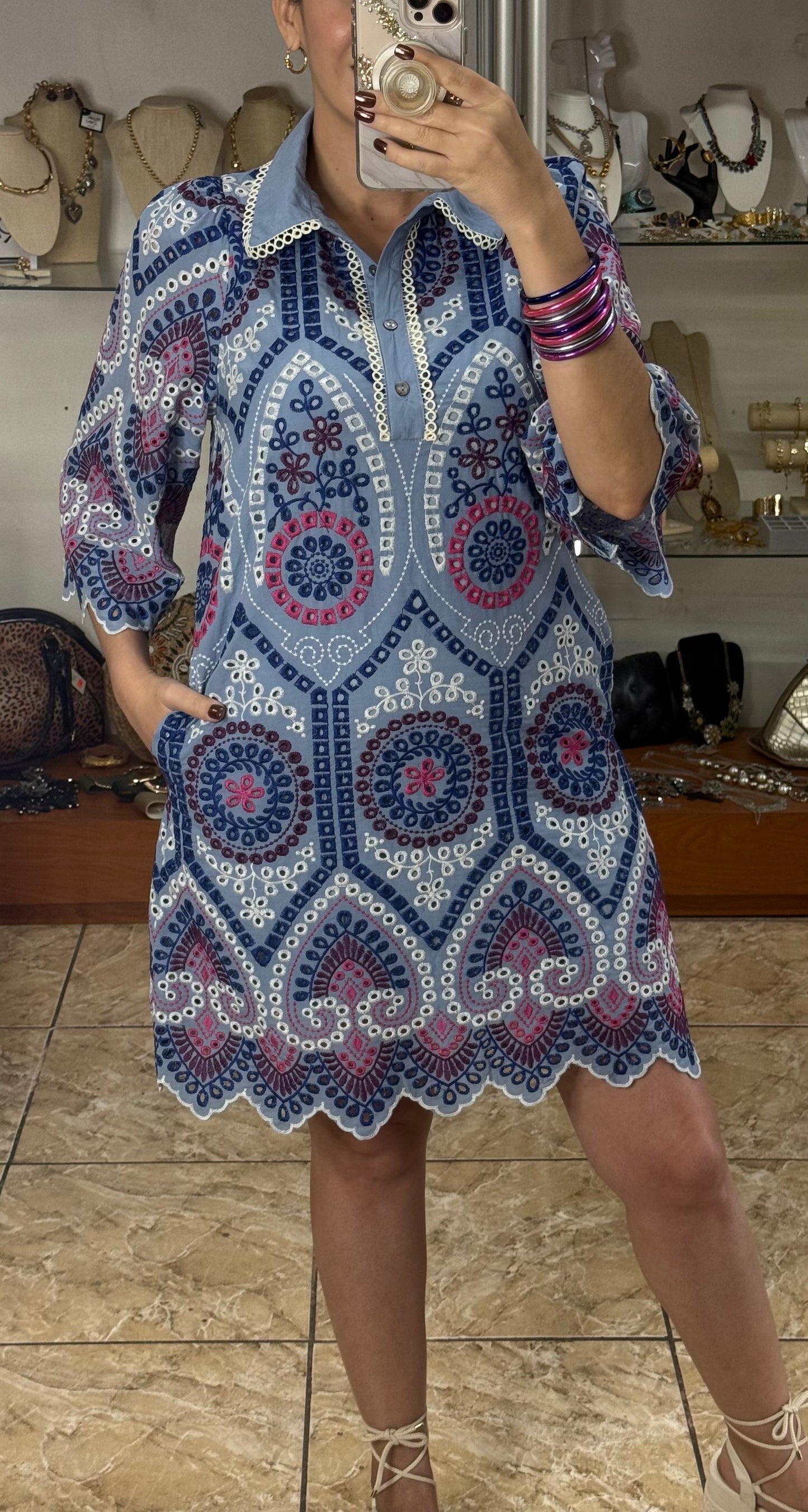 Blue Mix Embroidered Mini Dress