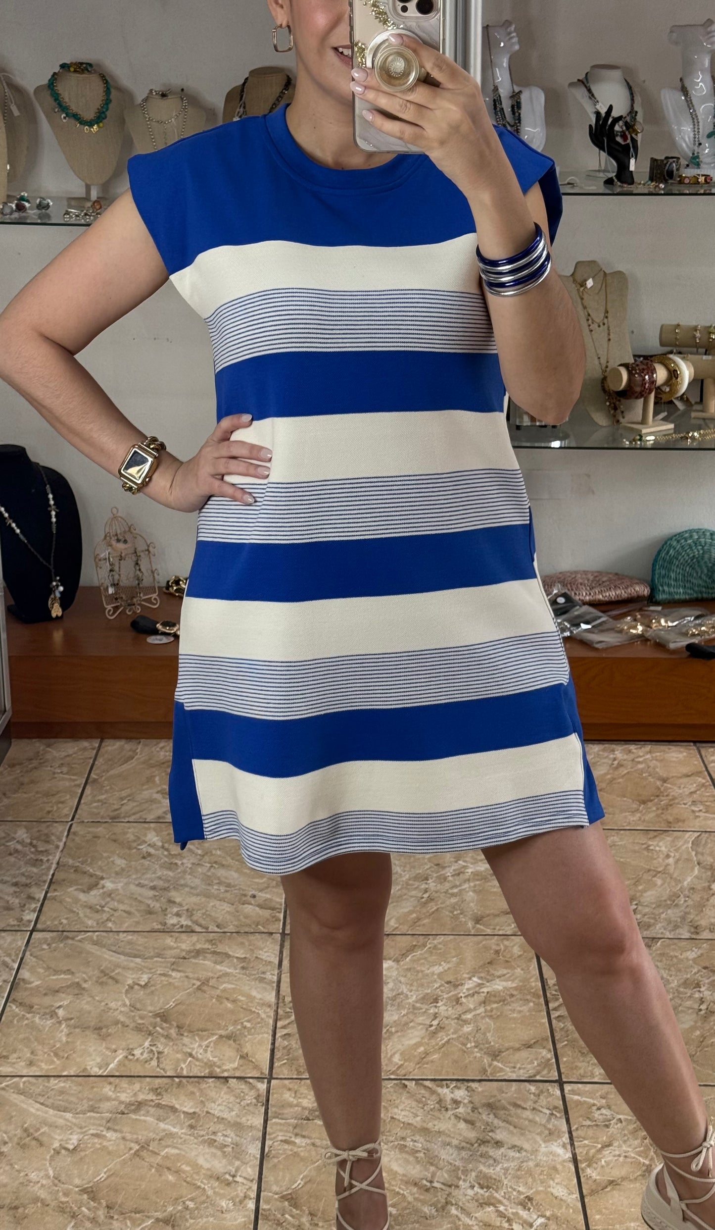 Bold Striped Sleeveless Shift Dress