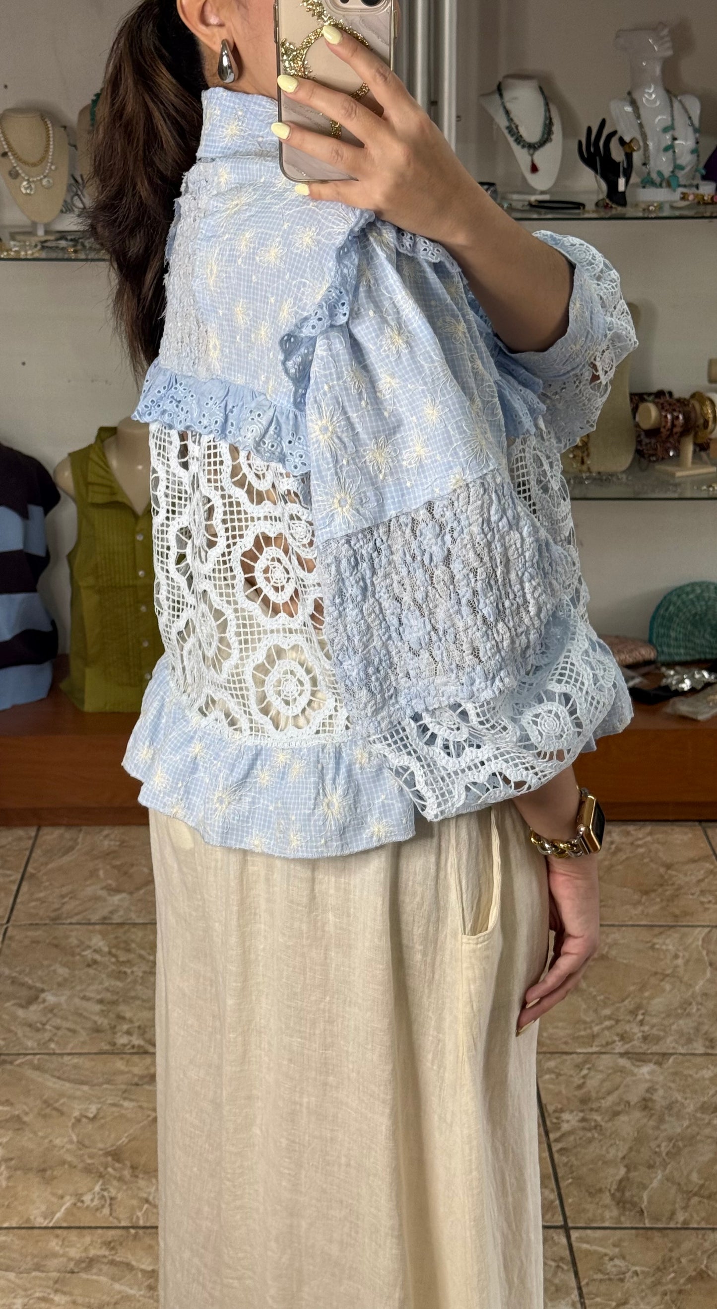 Baby Blue Embroidered Button Down Top