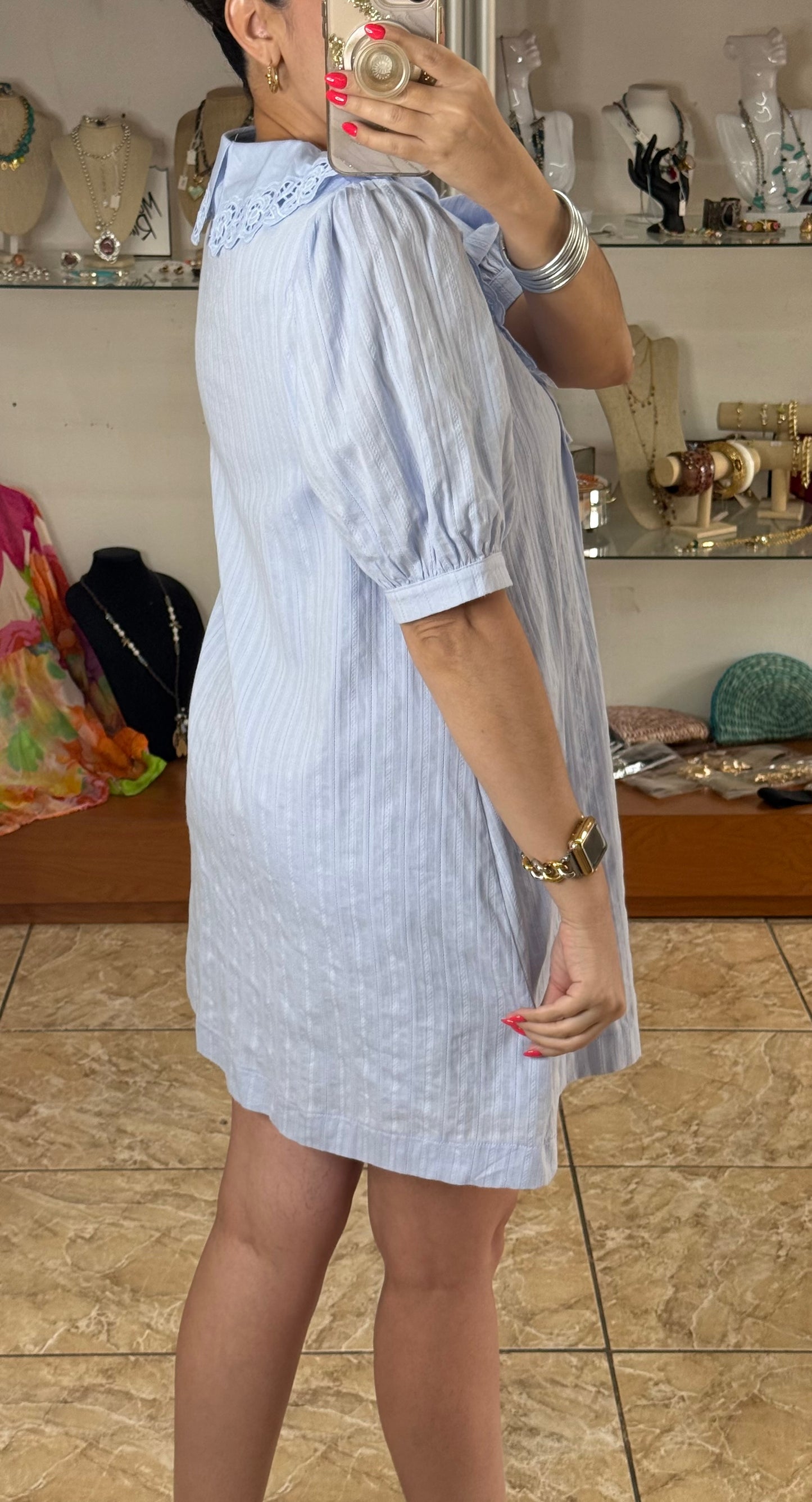 Eyelet Collard Mini Dress (Blue)