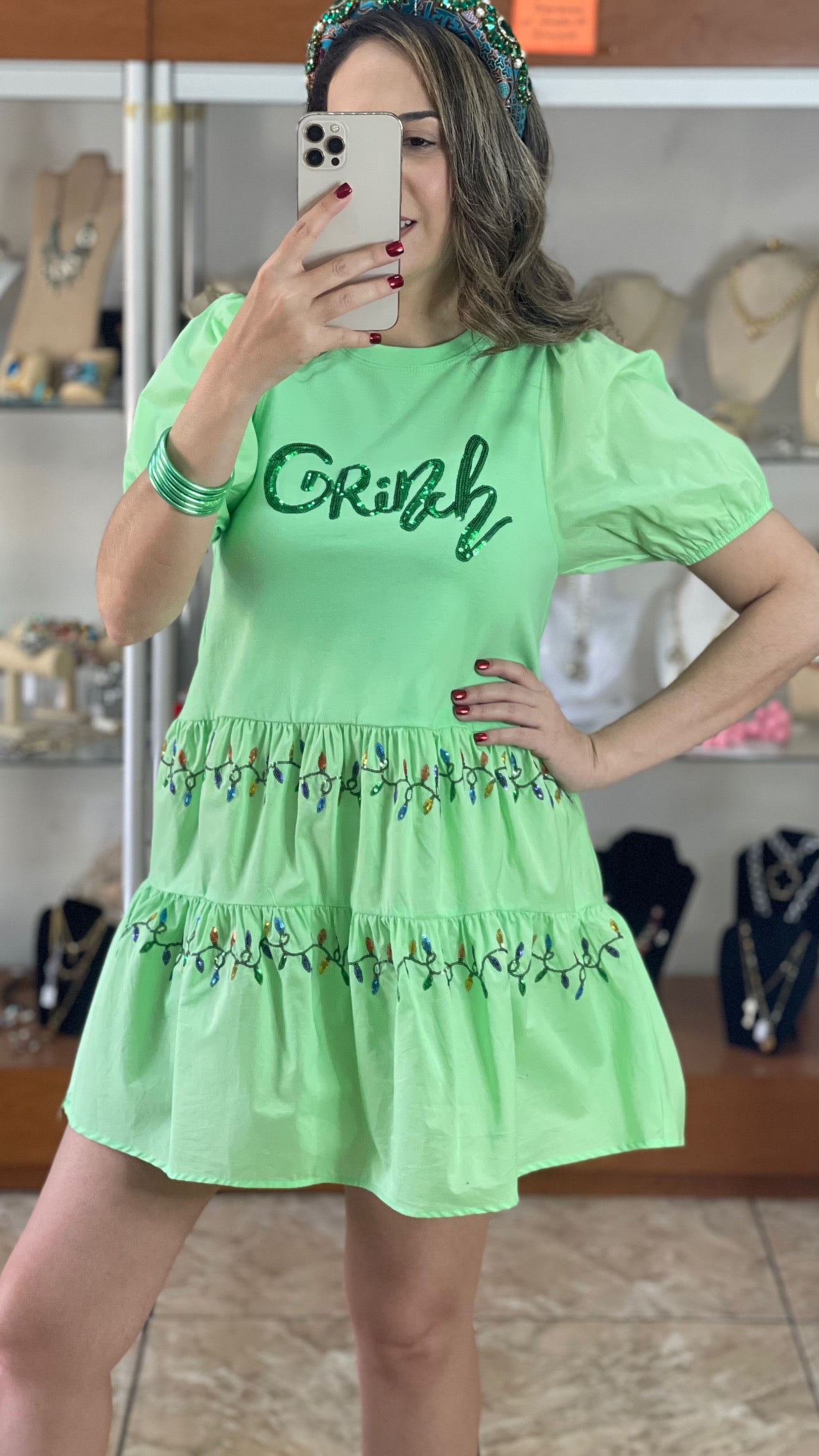 Grinch and Christmas Lights Mini Dress