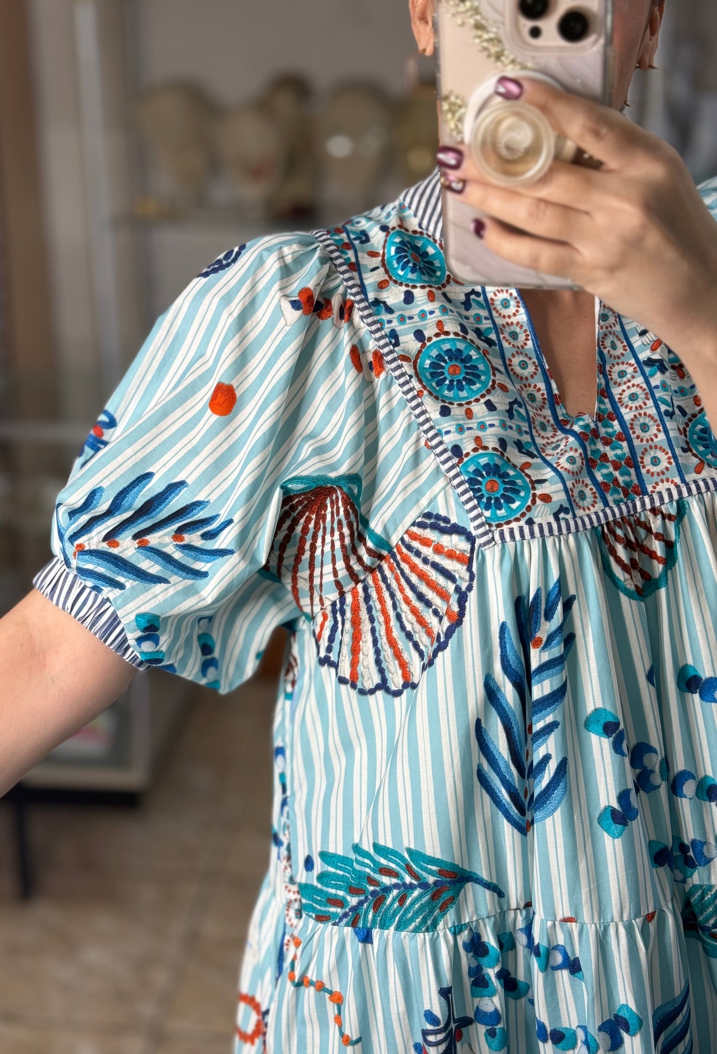 Blue Stripes and Shells Midi Dress