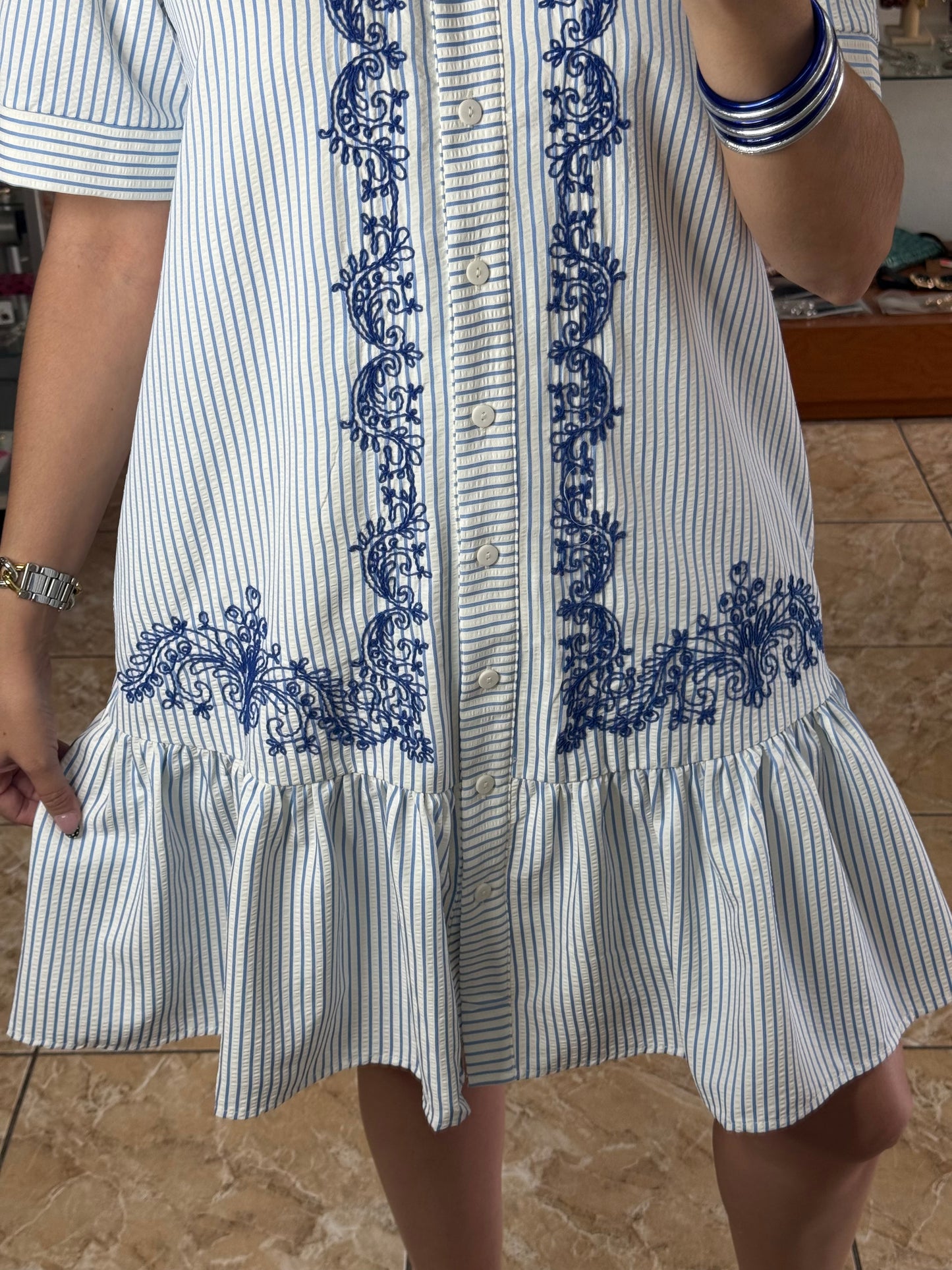 Blue Mix Stripes/Embroidered Dress