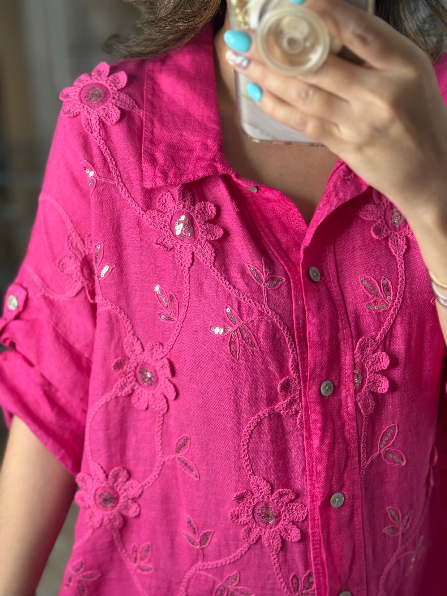 OS Embroidered/Sequins Linen Maxi Dress (NO RETURNS OR EXCHANGE)