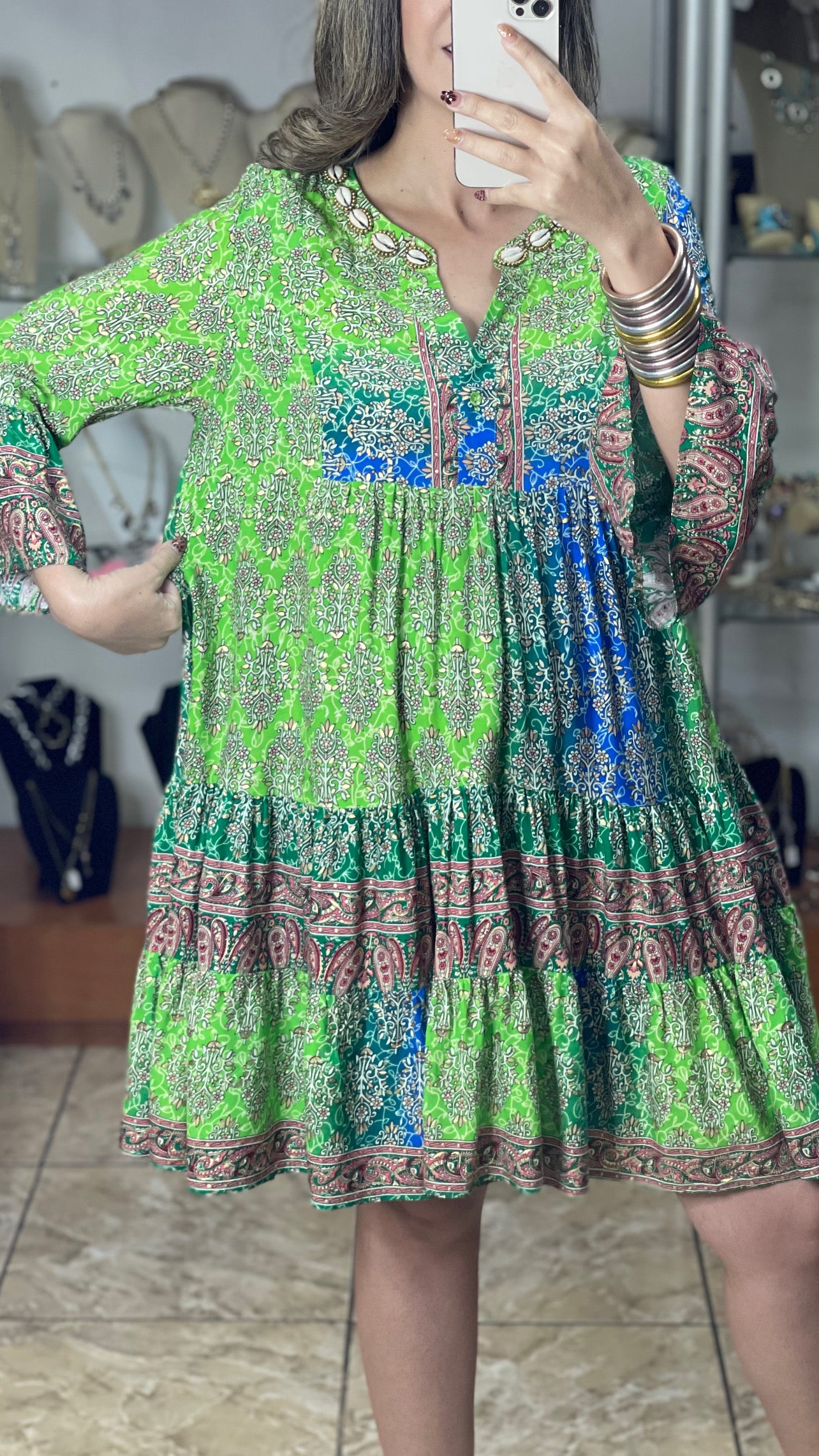 Green/Blue/Gold Short Boho Dress