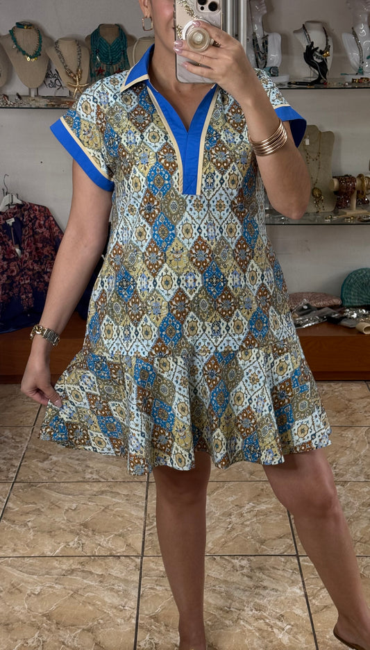Teal Mix Tiered Drop Waist Mini Dress