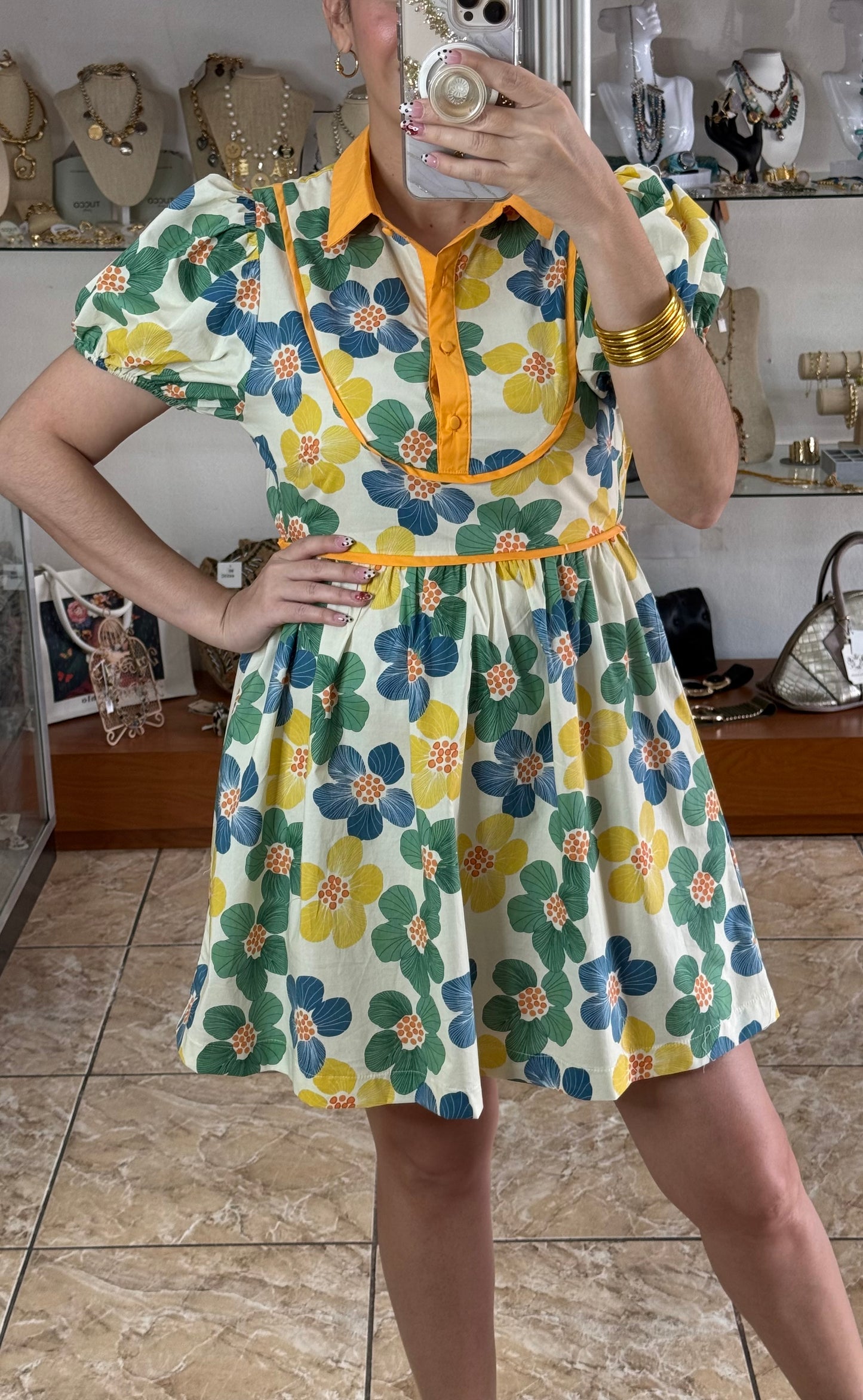 Floral Puff Sleeves Mini Dress
