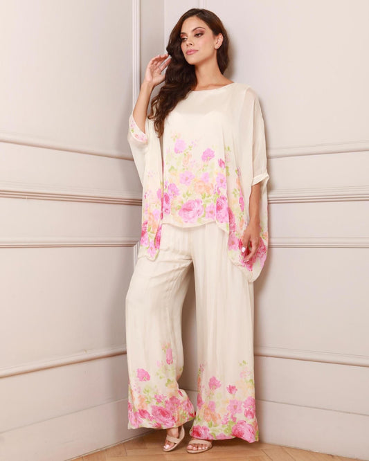 Ivory Floral Silk OS Top and Pant Set (FINAL SALE)
