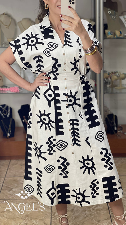 Cream/Black Abstract Print Midi Dress