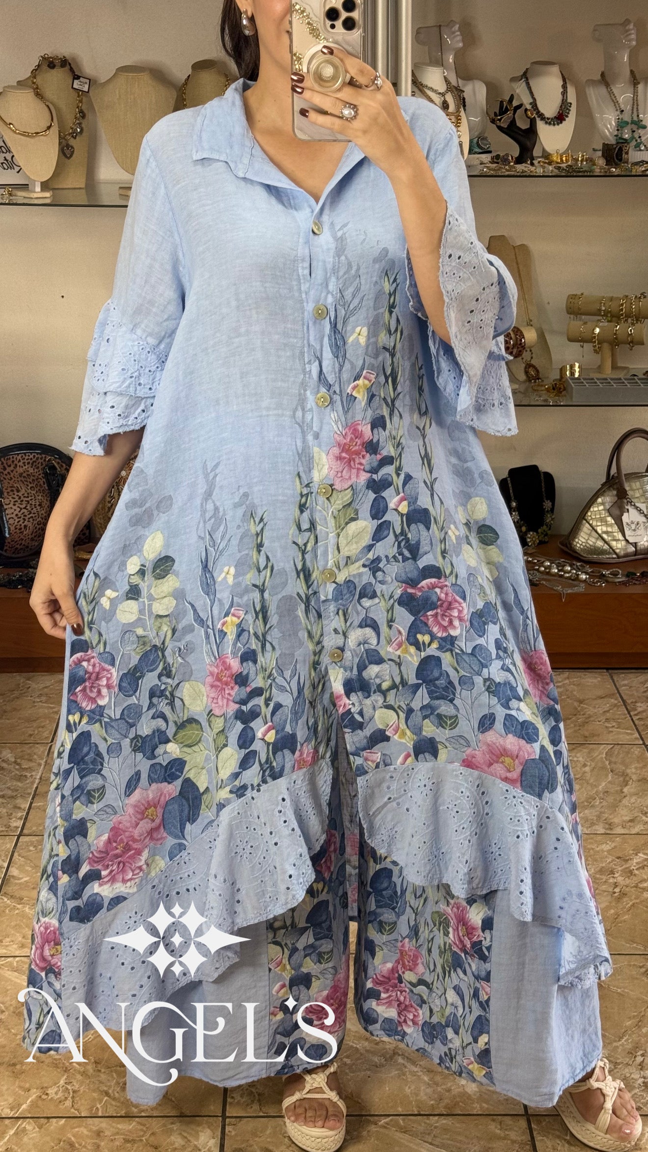 Linen Floral OS Top/Dress and Pant Set (FINAL SALE)
