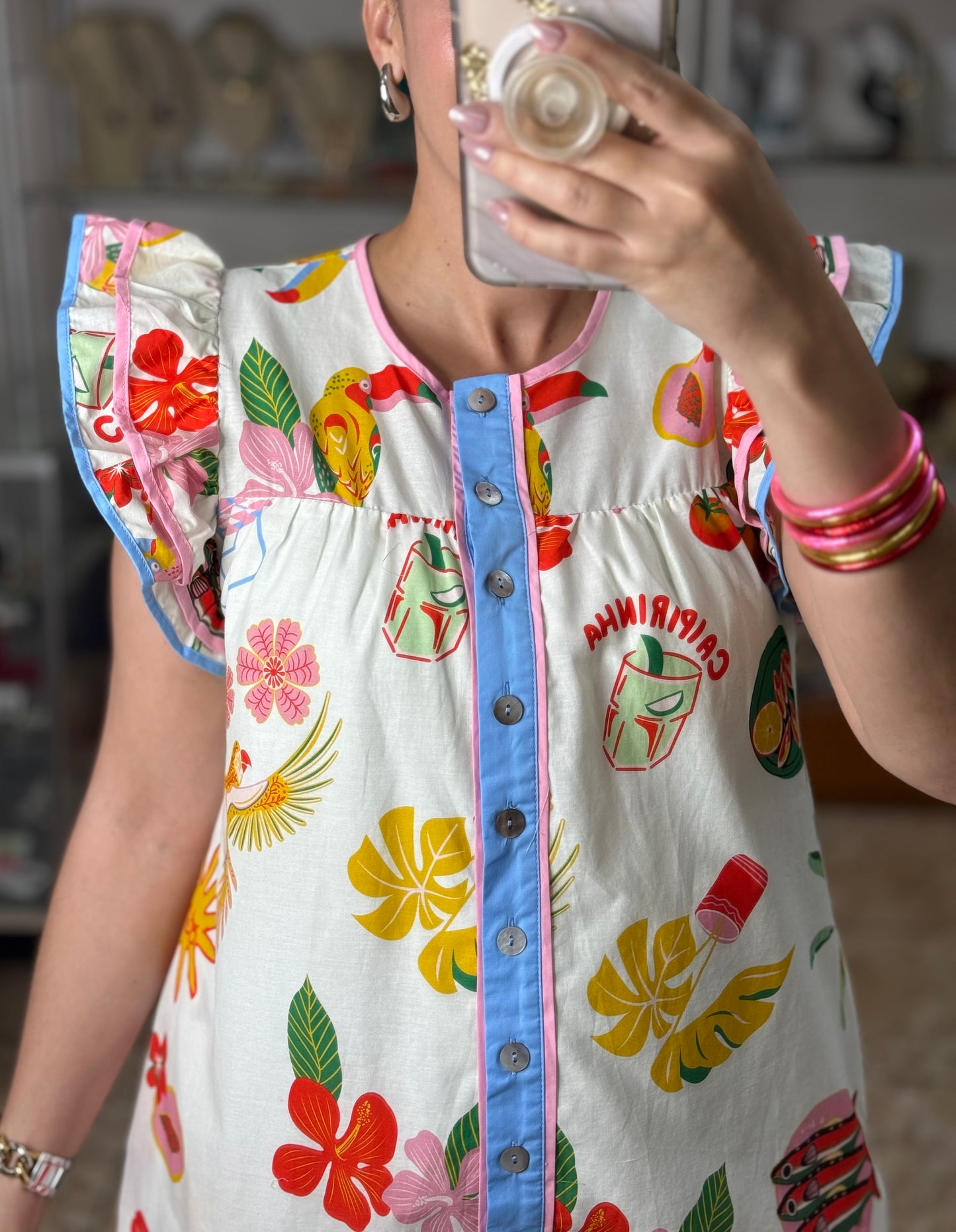Flutter Sleeves Tropical Mini Dress
