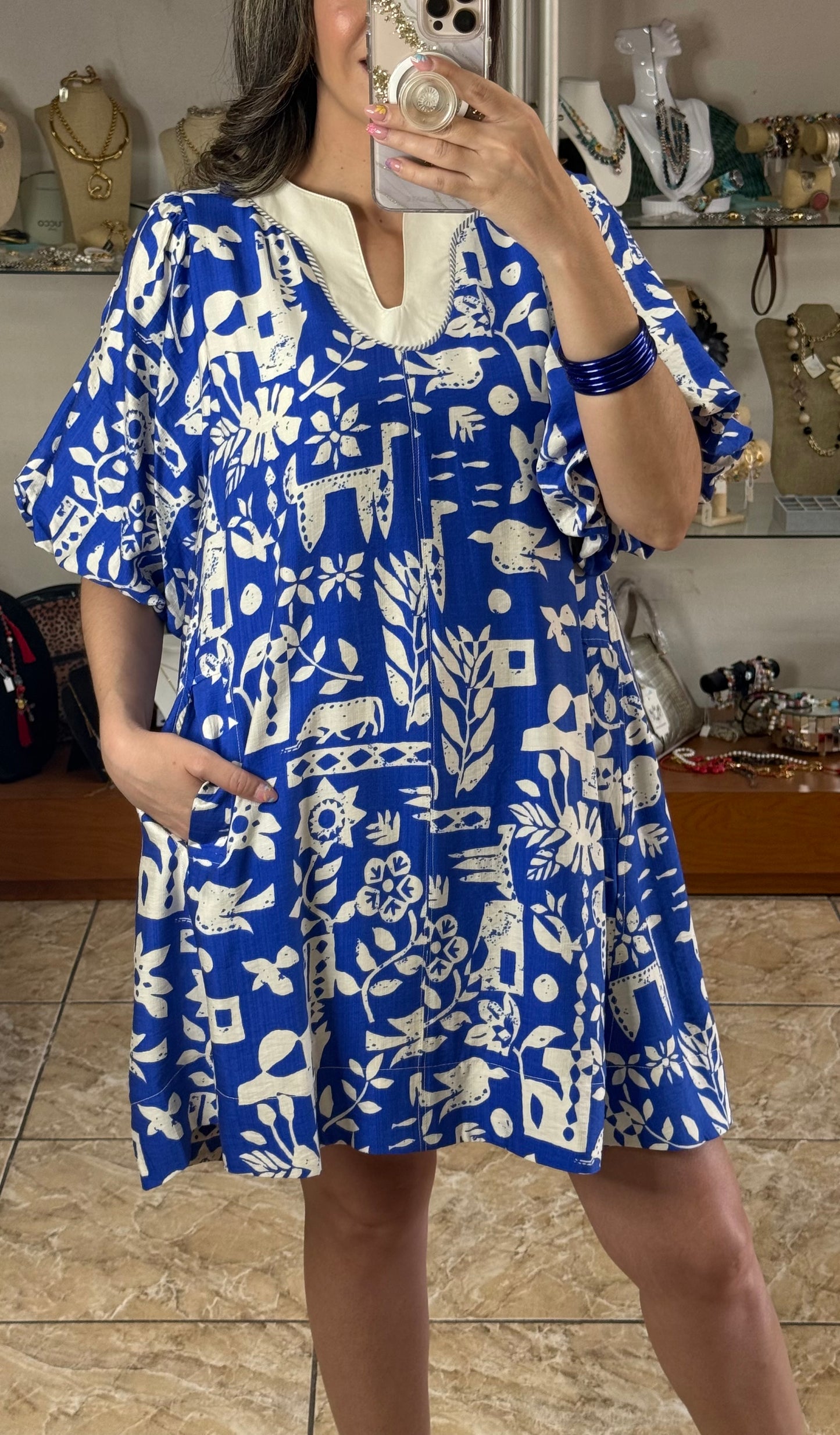 Blue Abstract Print Dress