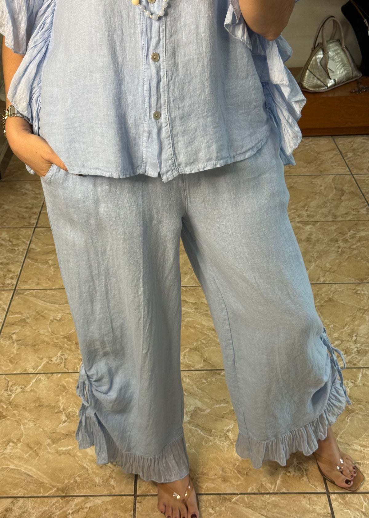 OS Linen Ruffle Top & Pant Set (NO RETURNS OR EXCHANGE)