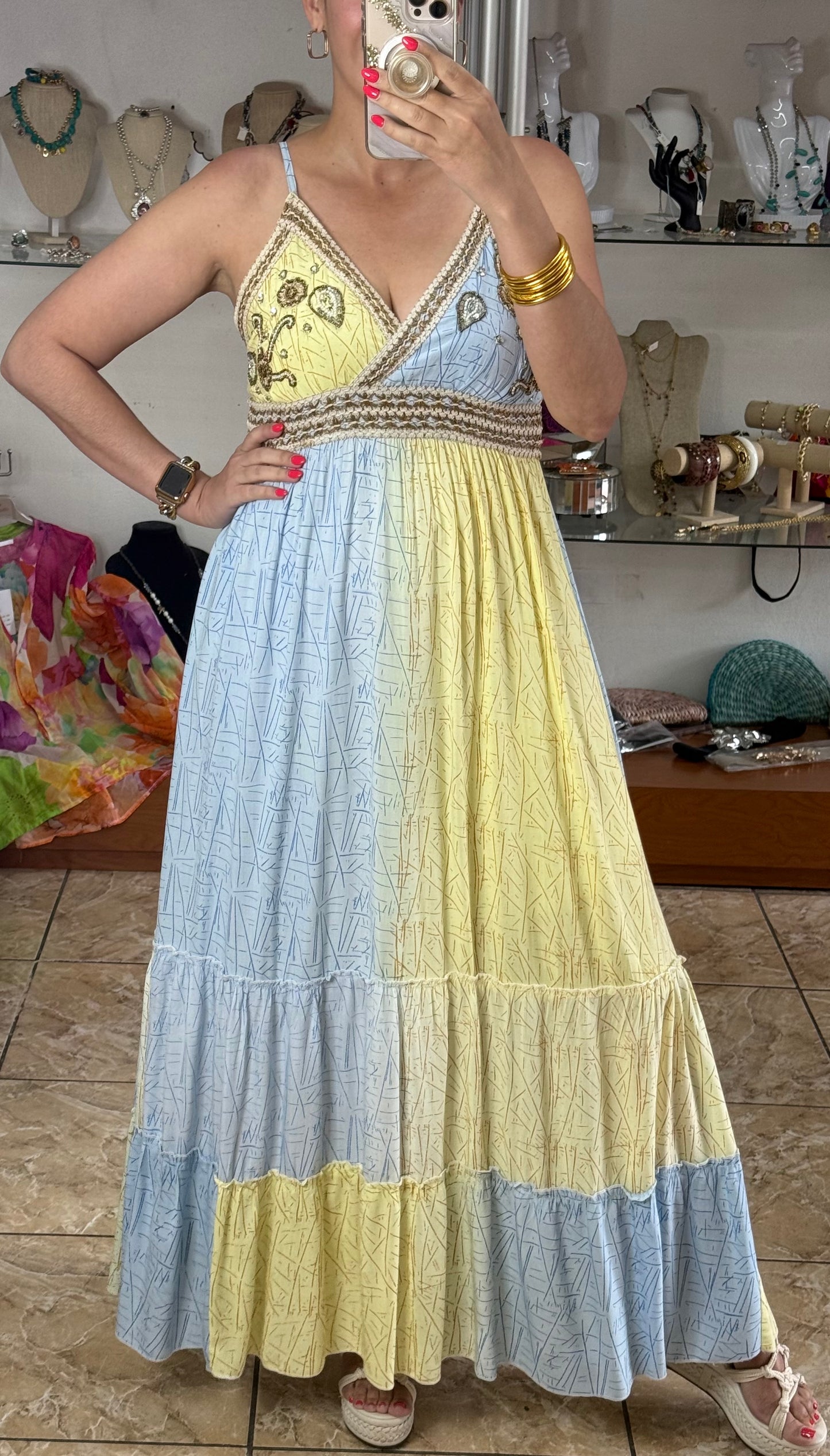 Blue/Yellow OS Maxi Boho Dress (NO RETURNS OR EXCHANGE)