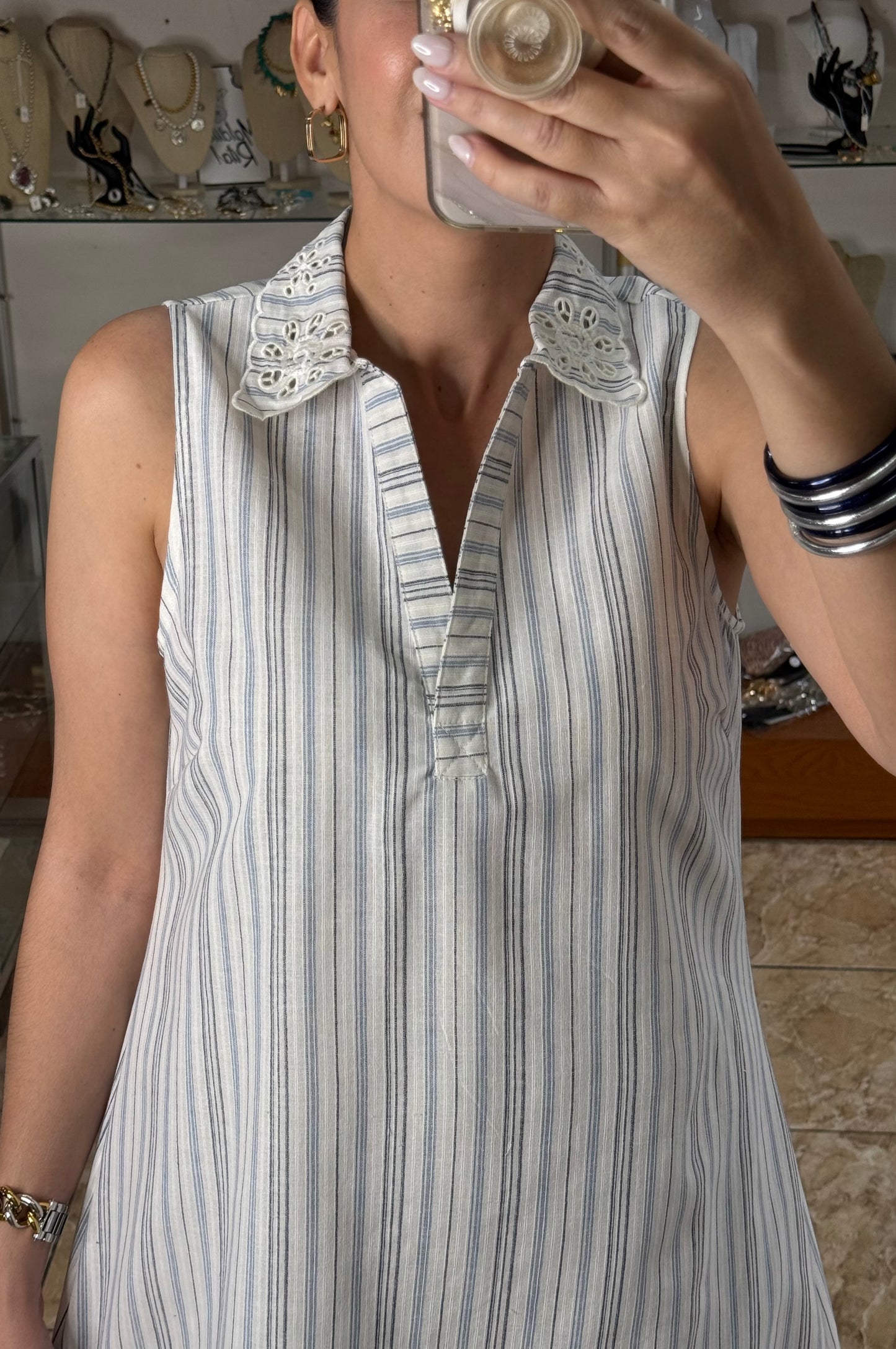Blue Stripes Embroidered Details Dress