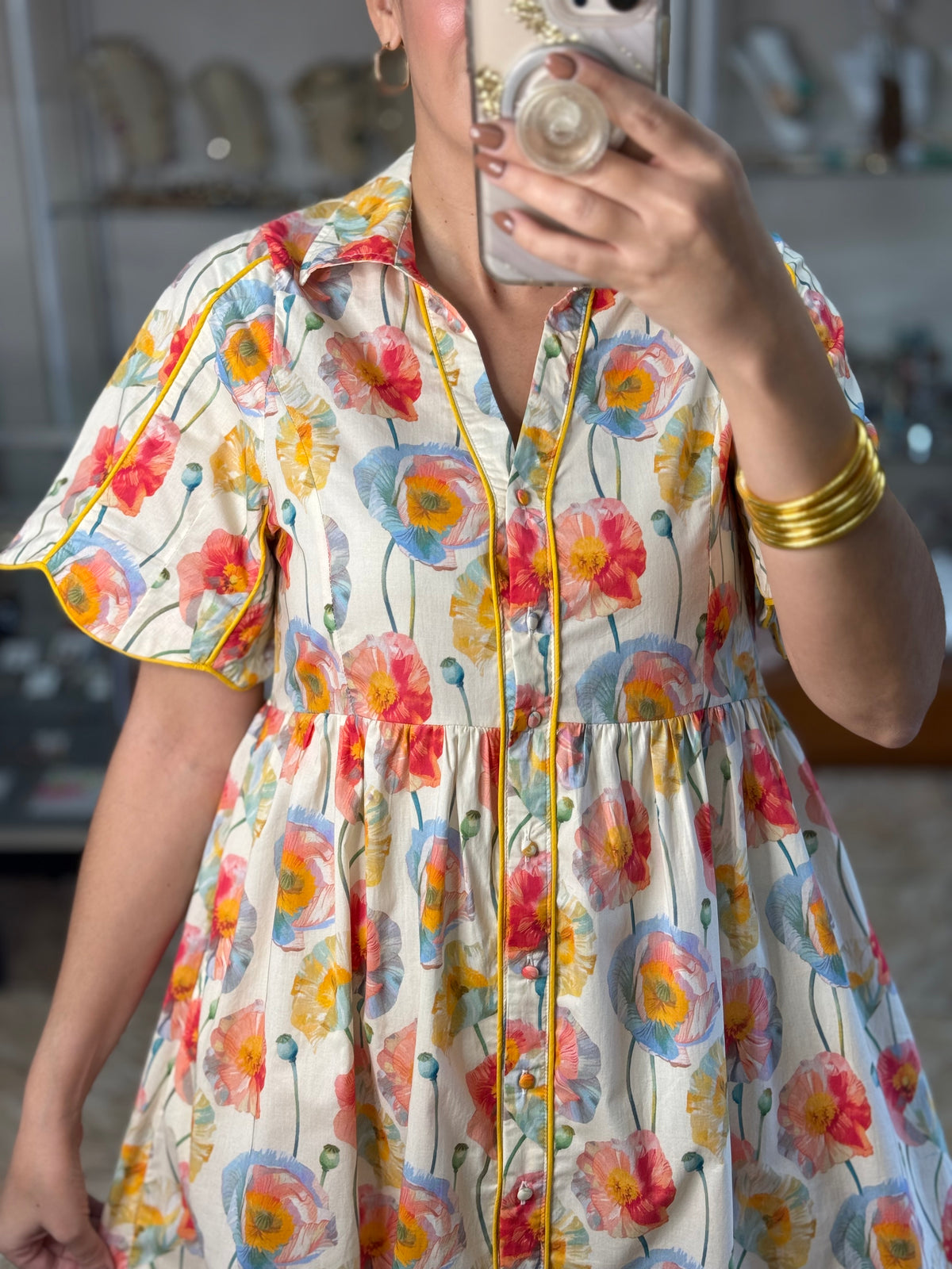 Cream Floral Button Down Babydoll Dress