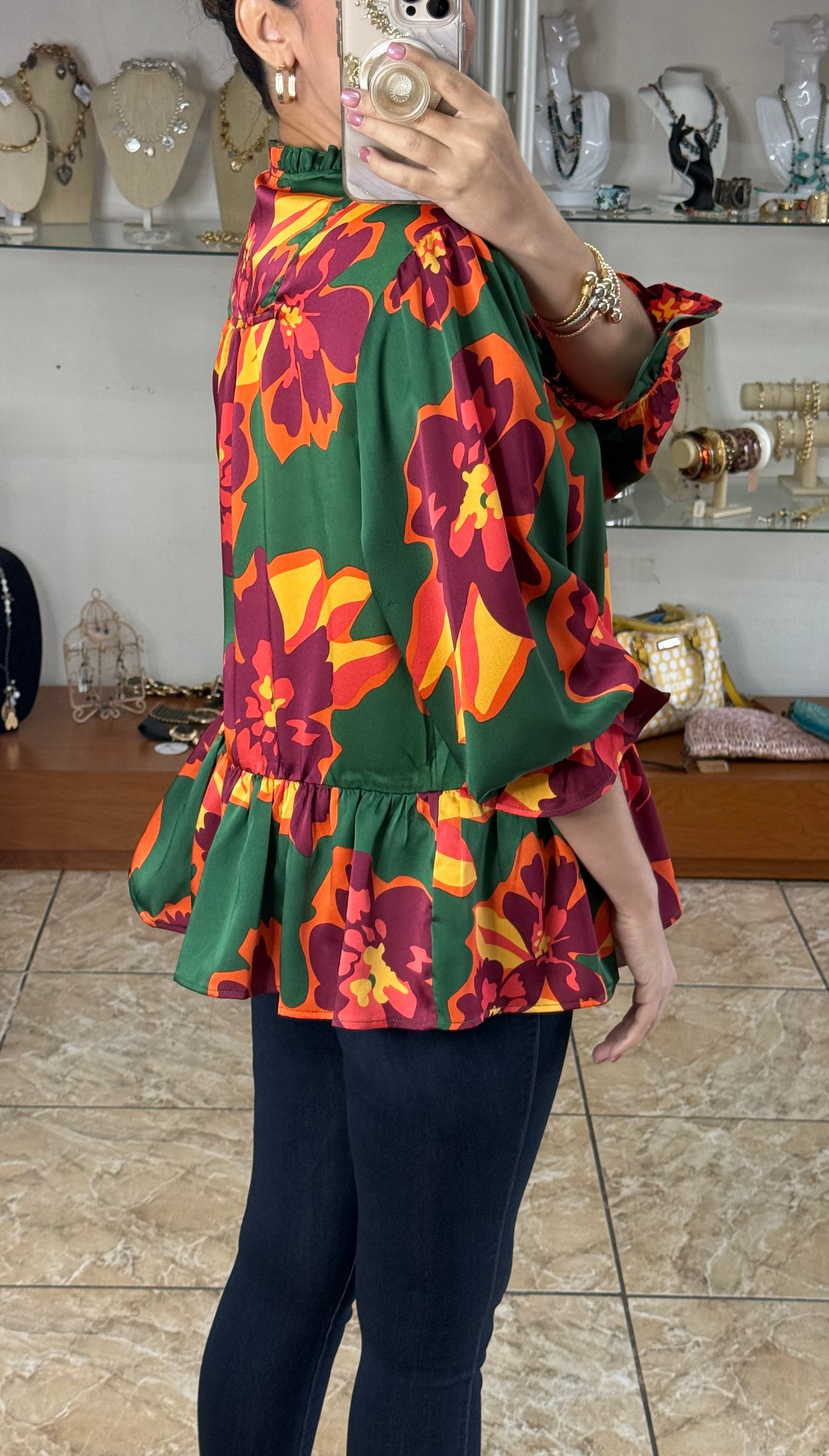 Green Floral Satin Top