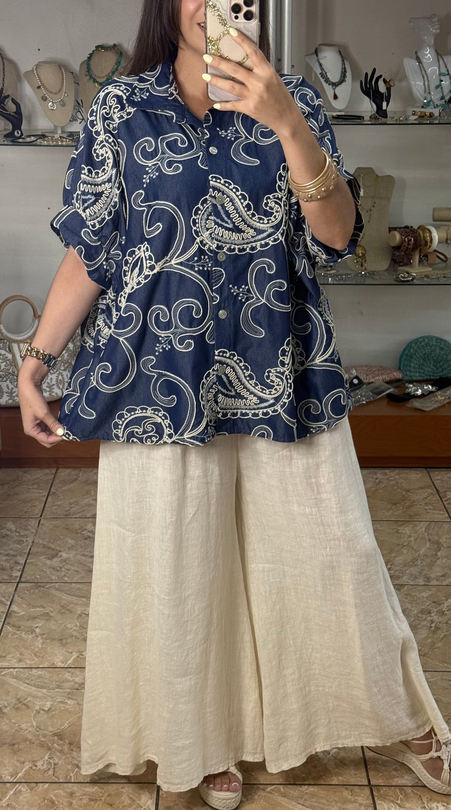OS Blue Denim Embroidered Tunic Top (NO RETURNS OR EXCHANGE)