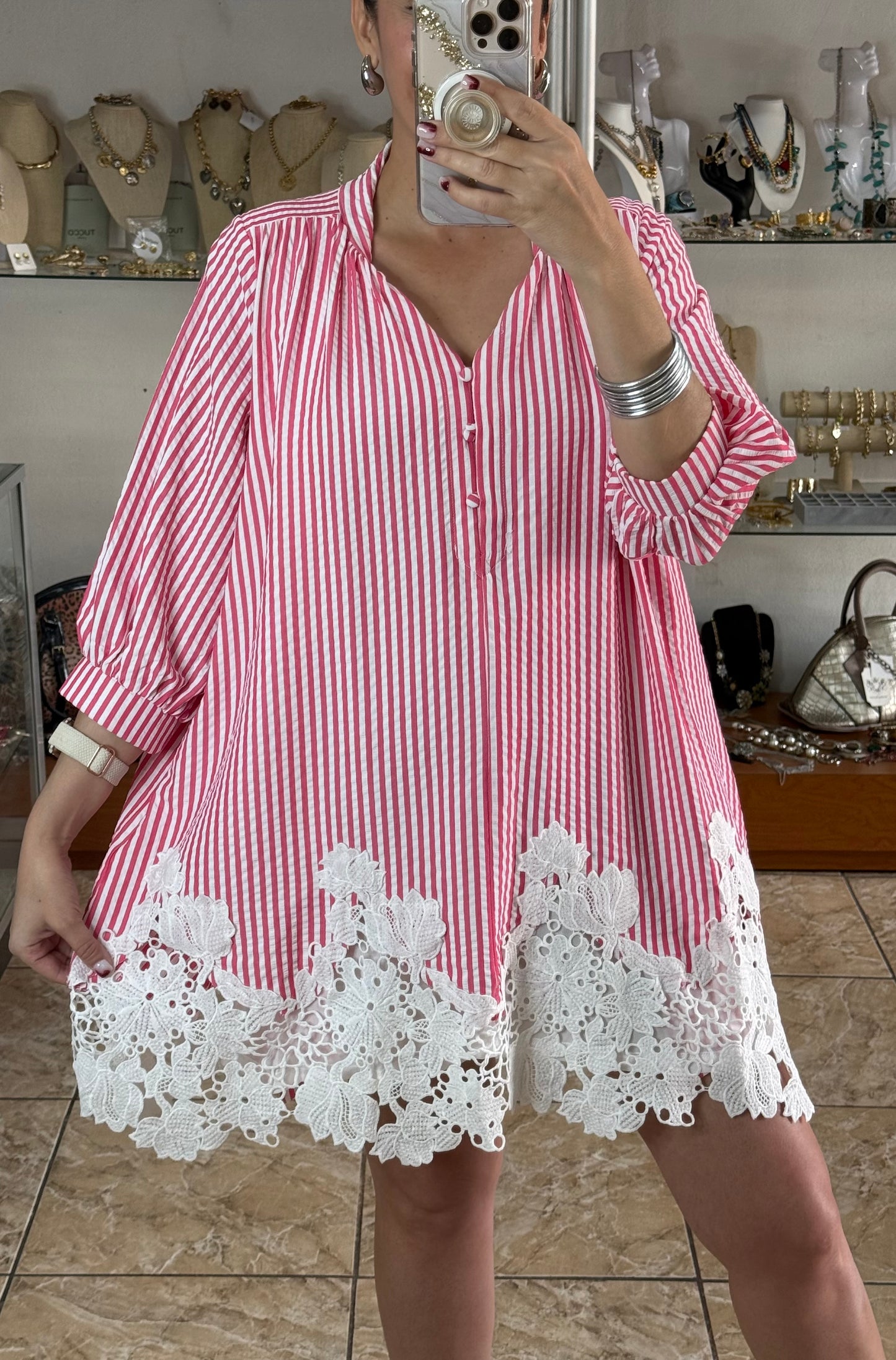 Pink Stripes Lace Trim Doll Dress