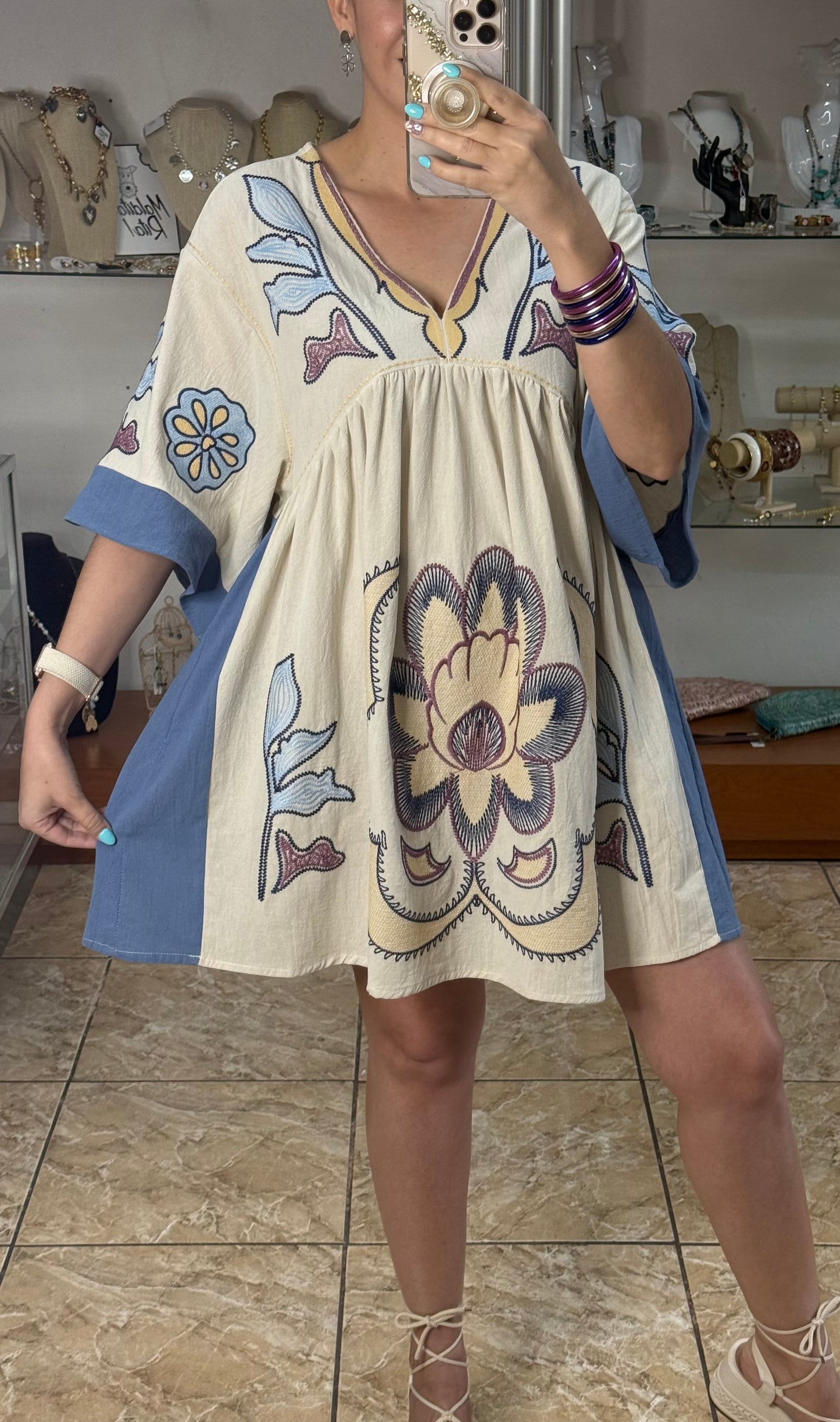 Embroidered Kaftan Mini Dress