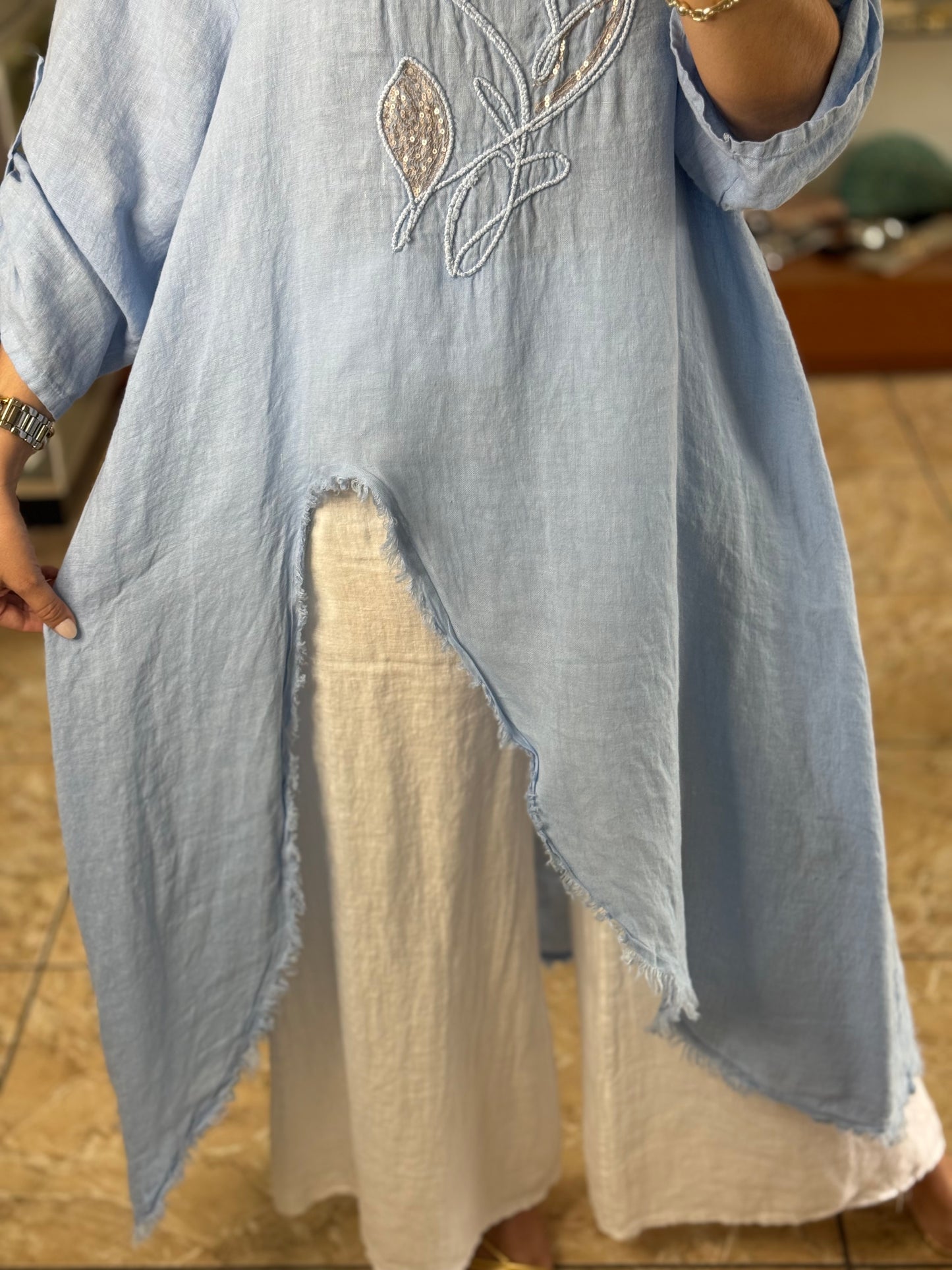 OS Asymmetrical Linen/Sequins Top (NO RETURNS OR EXCHANGE) (PANT SOLD SEPARATELY)
