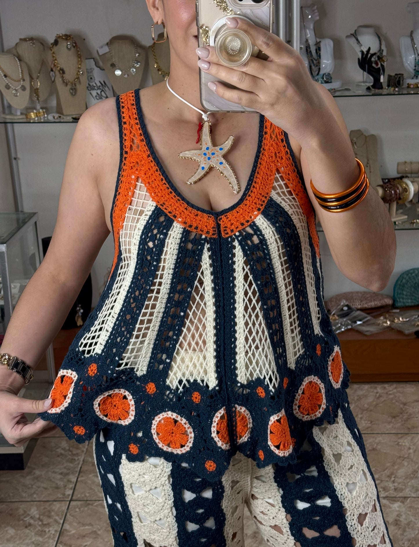 Navy/Orange Mix Crochet OS Top (NO RETURNS OR EXCHANGE) (PANT SOLD SEPARATELY)