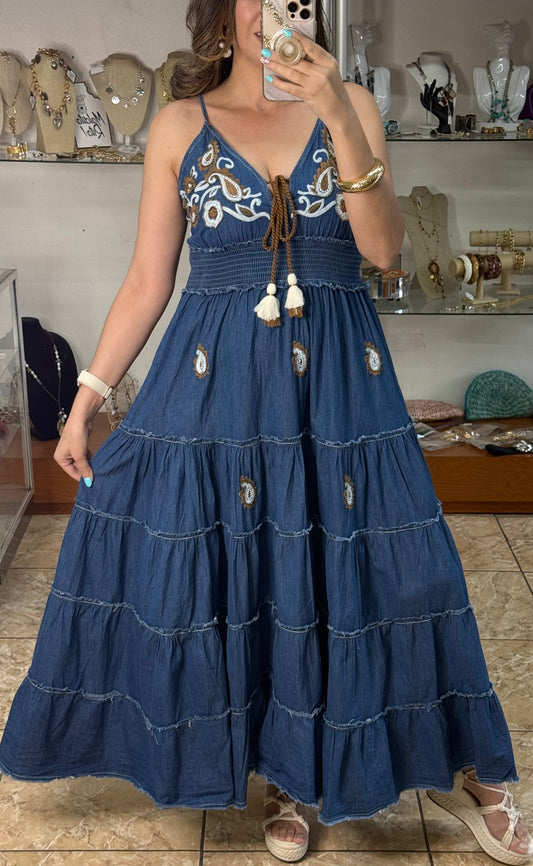 OS Embroidered Denim Maxi Dress (NO RETURNS OR EXCHANGE)