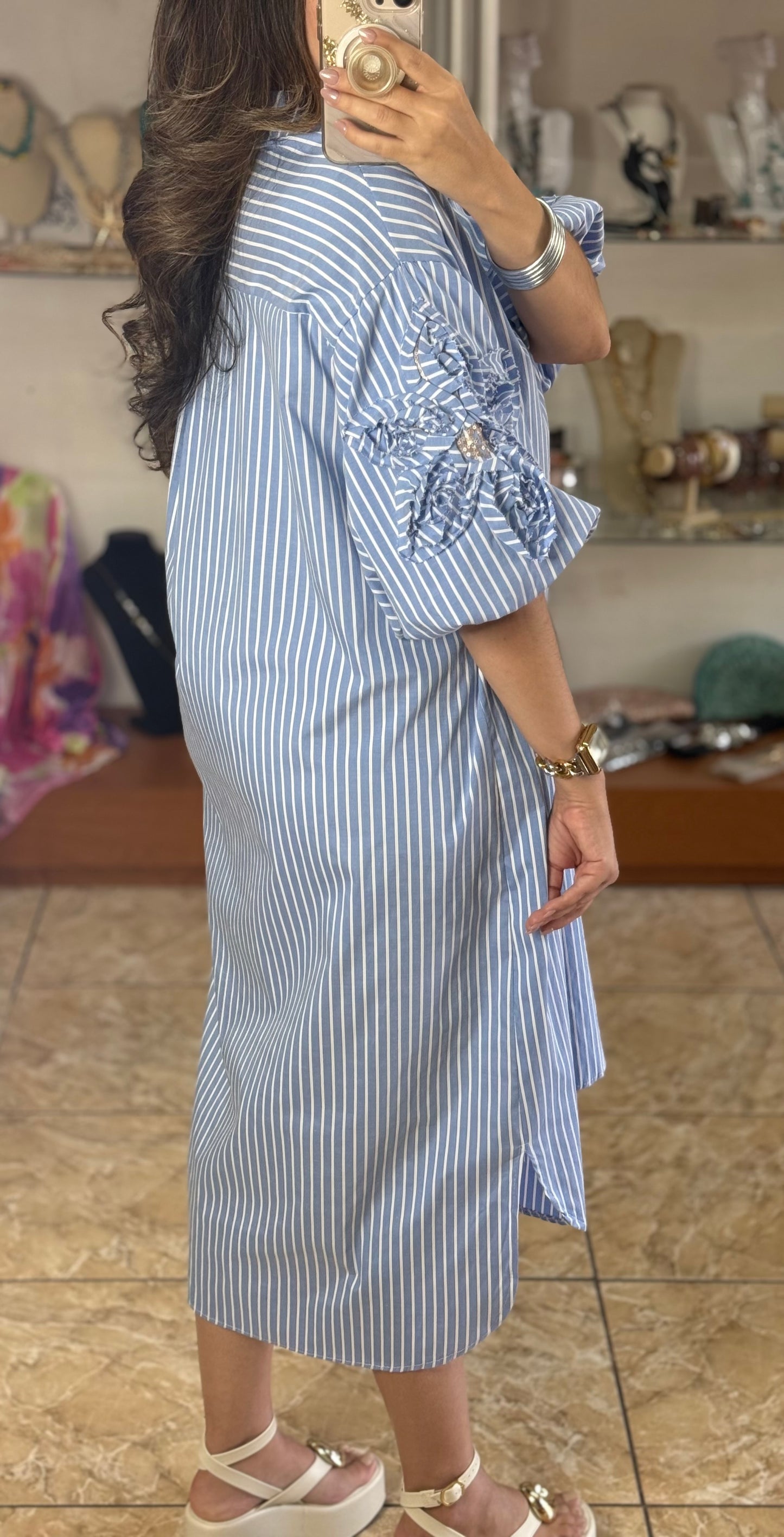 Stripes Puff Sleeves OS Midi Dress (NO RETURNS OR EXCHANGE)