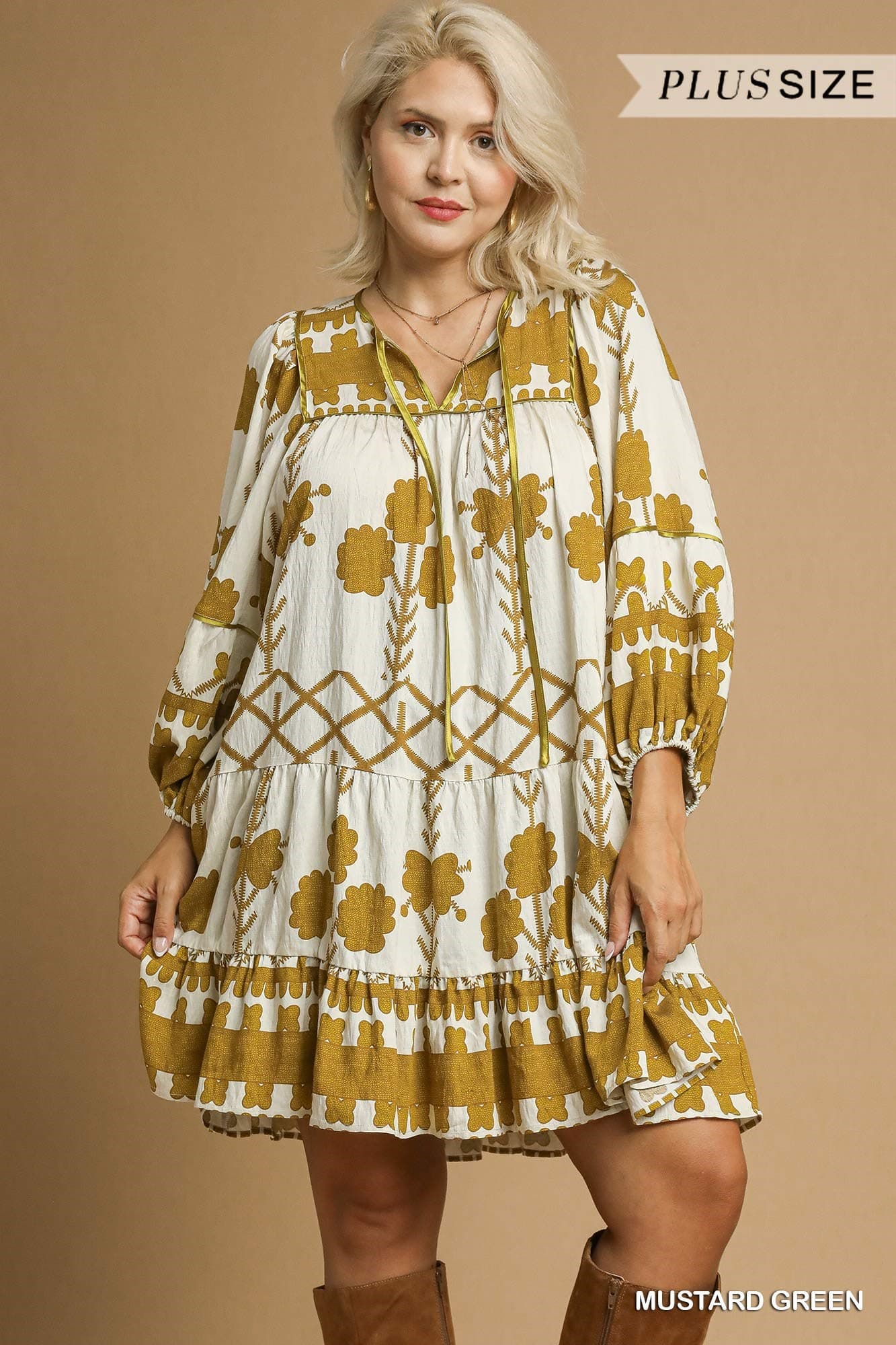 Mustard Green Tribal Print Dress (PLUS)