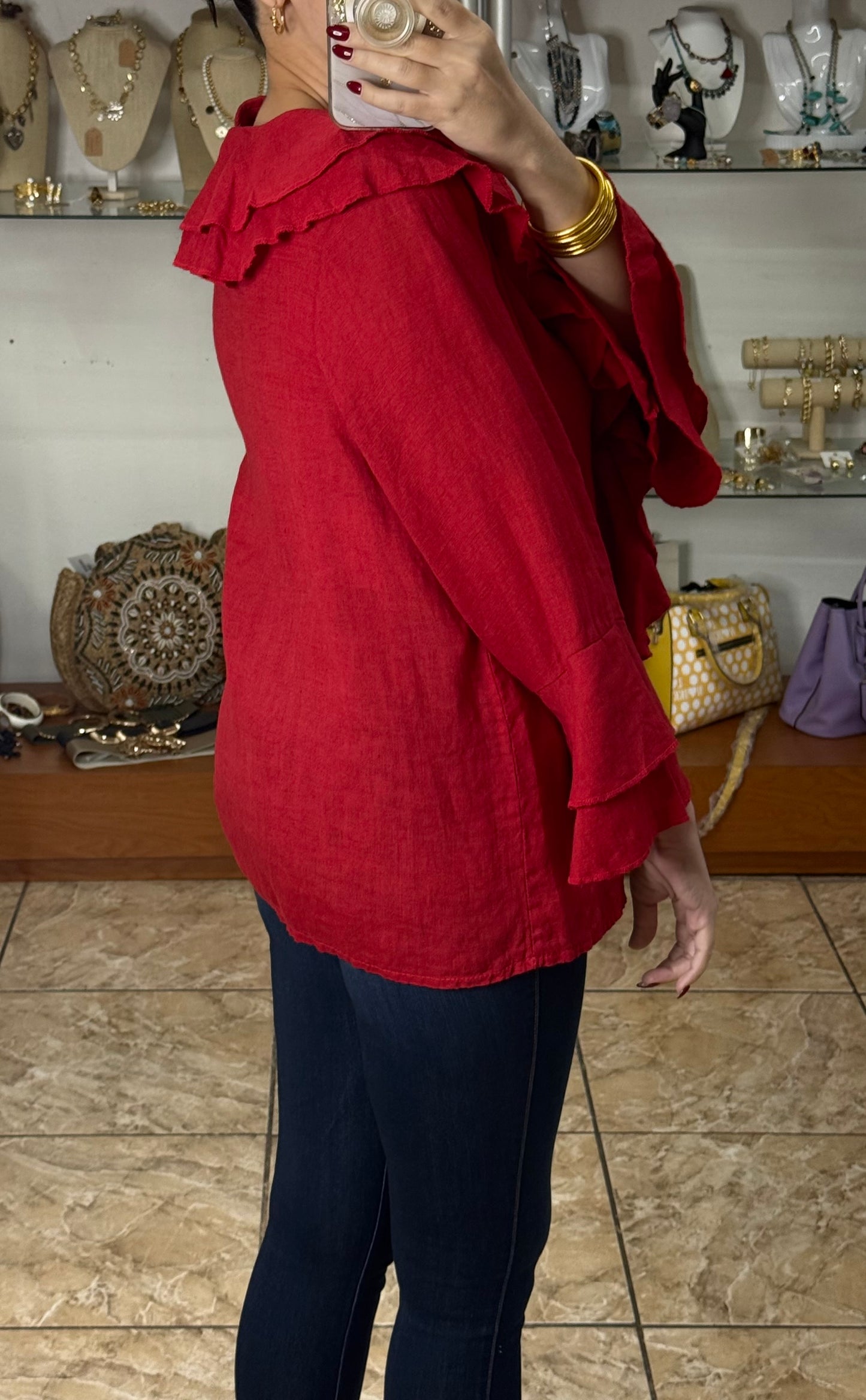 OS Long Sleeve Ruffled Linen Top (FINAL SALE)