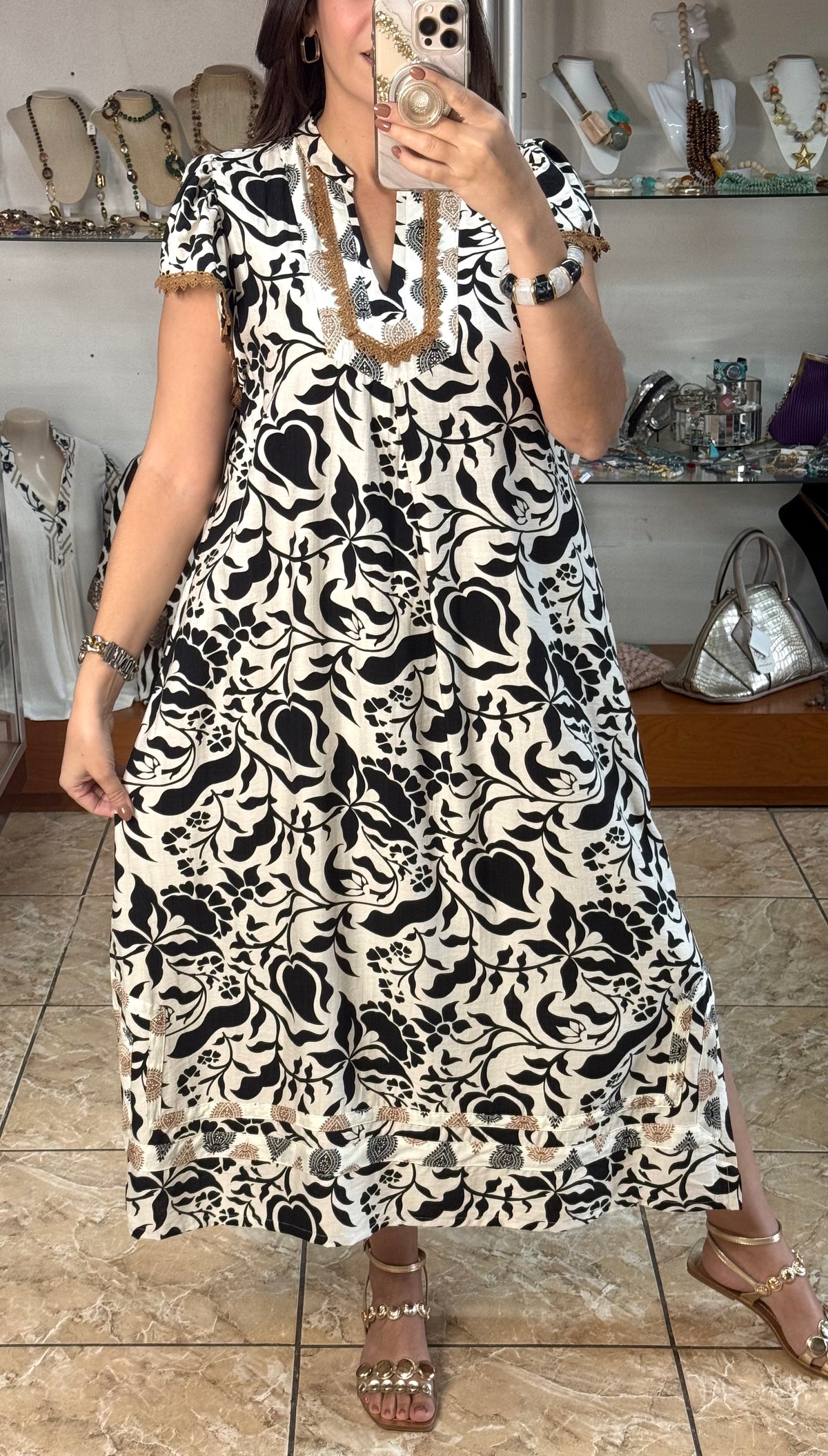 Flutter Sleeve Border Print Midi Dress