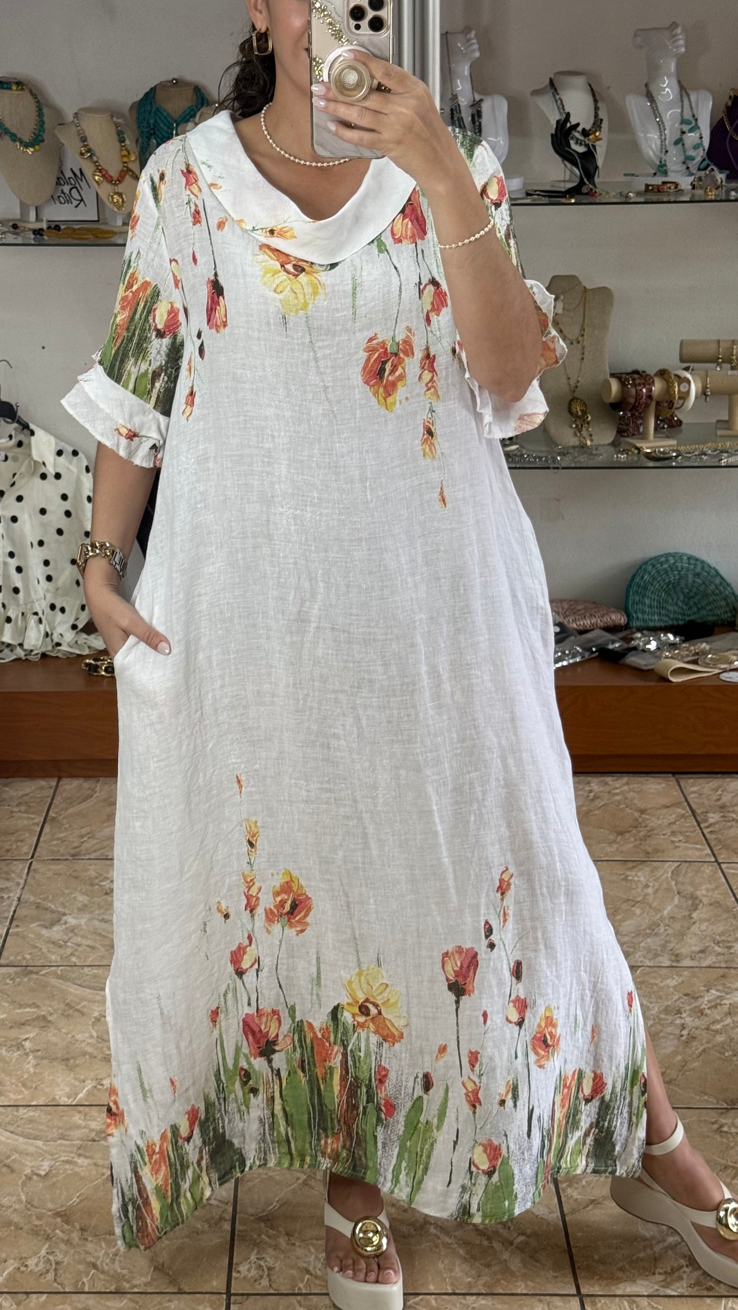 Orange Flowers OS Linen Maxi Dress (NO RETURNS OR EXCHANGE)