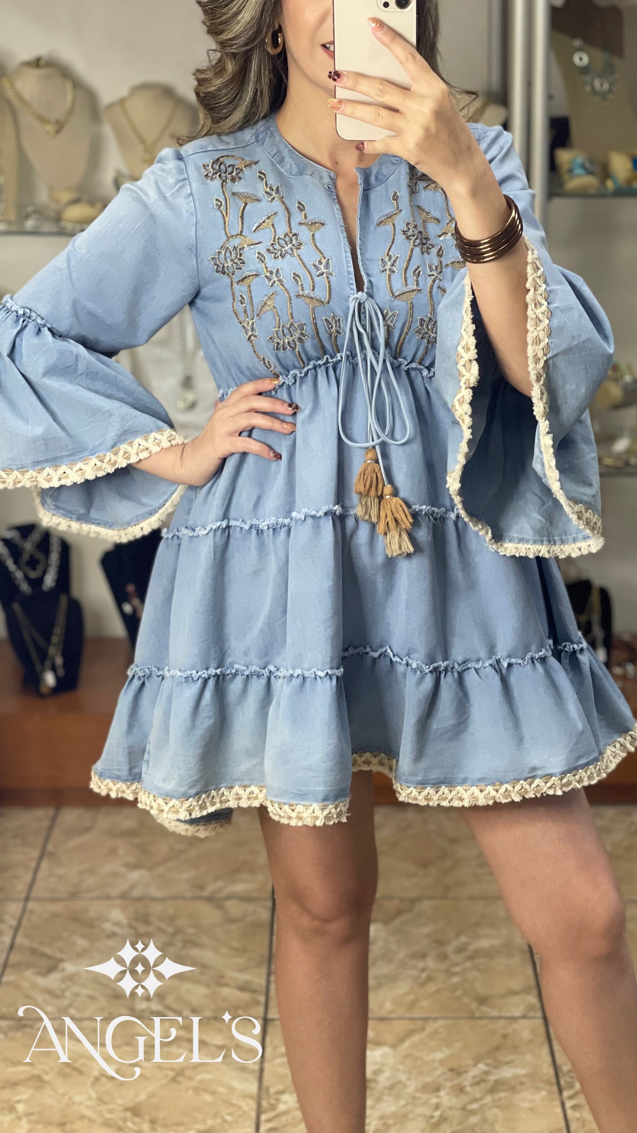 Low/High Embroidered Denim Mini Dress