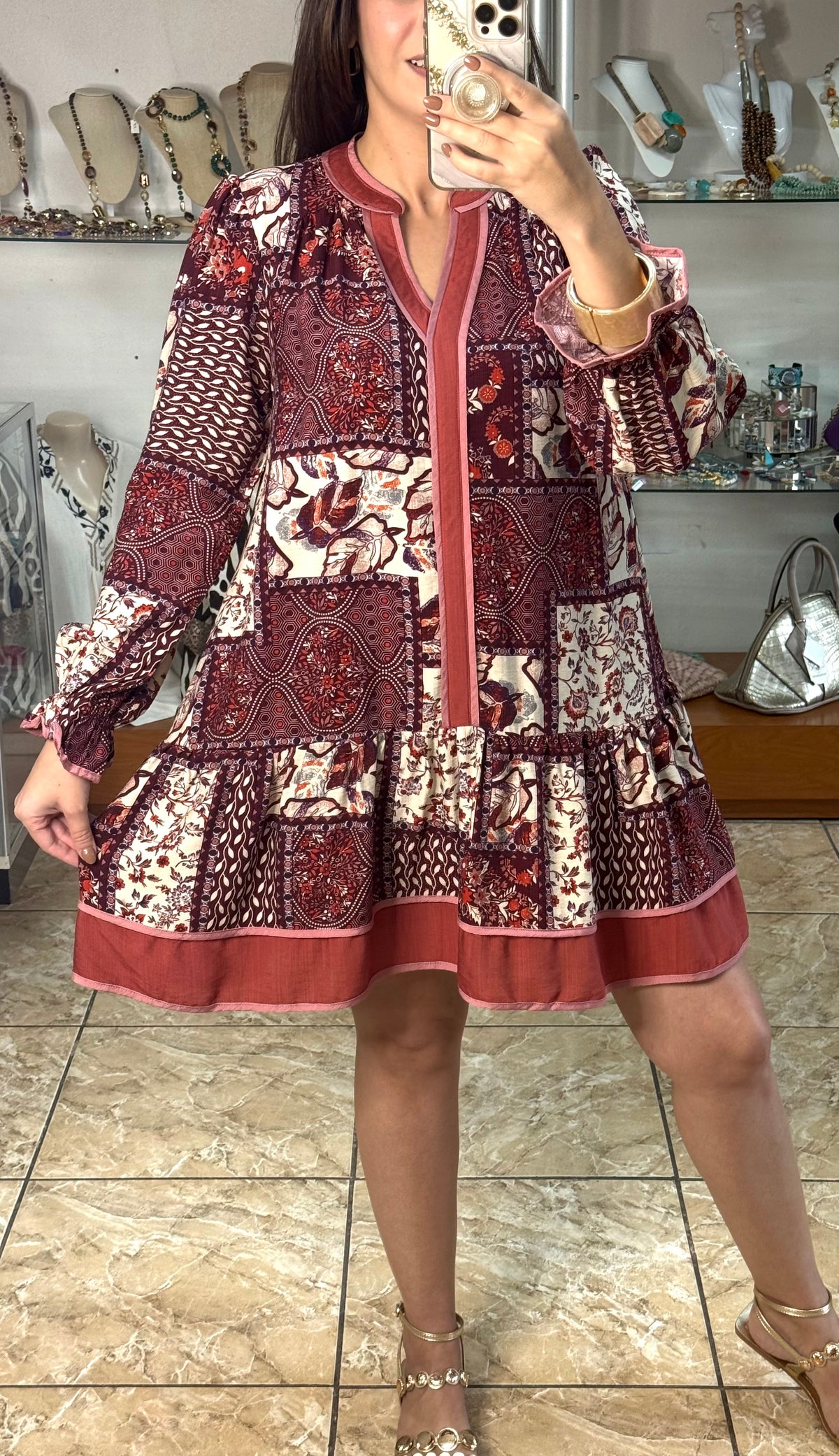 Patchwork Print Tiered Mini Dress