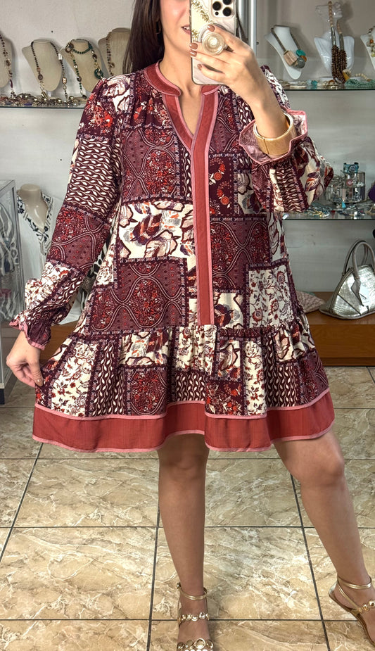 Patchwork Print Tiered Mini Dress