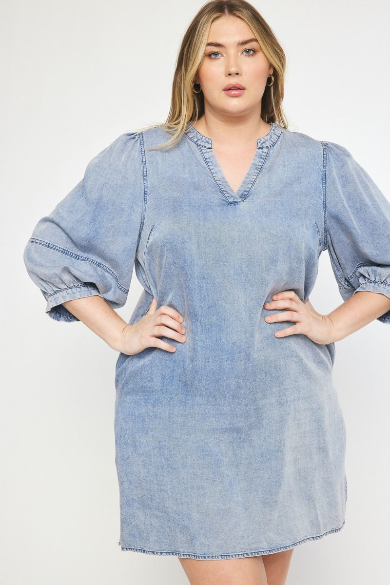 Washed Denim 3/4 Sleeve Dress