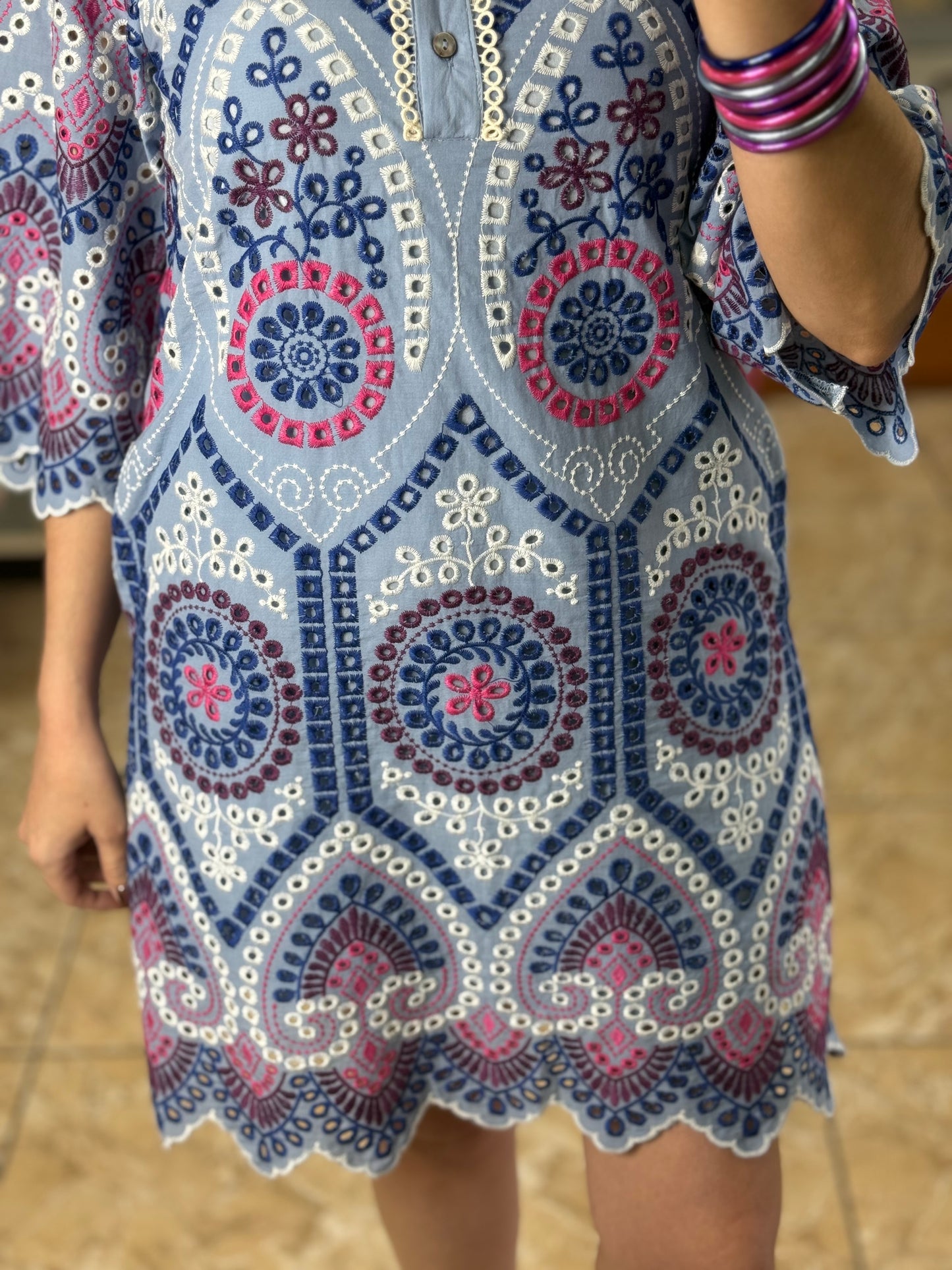 Blue Mix Embroidered Mini Dress