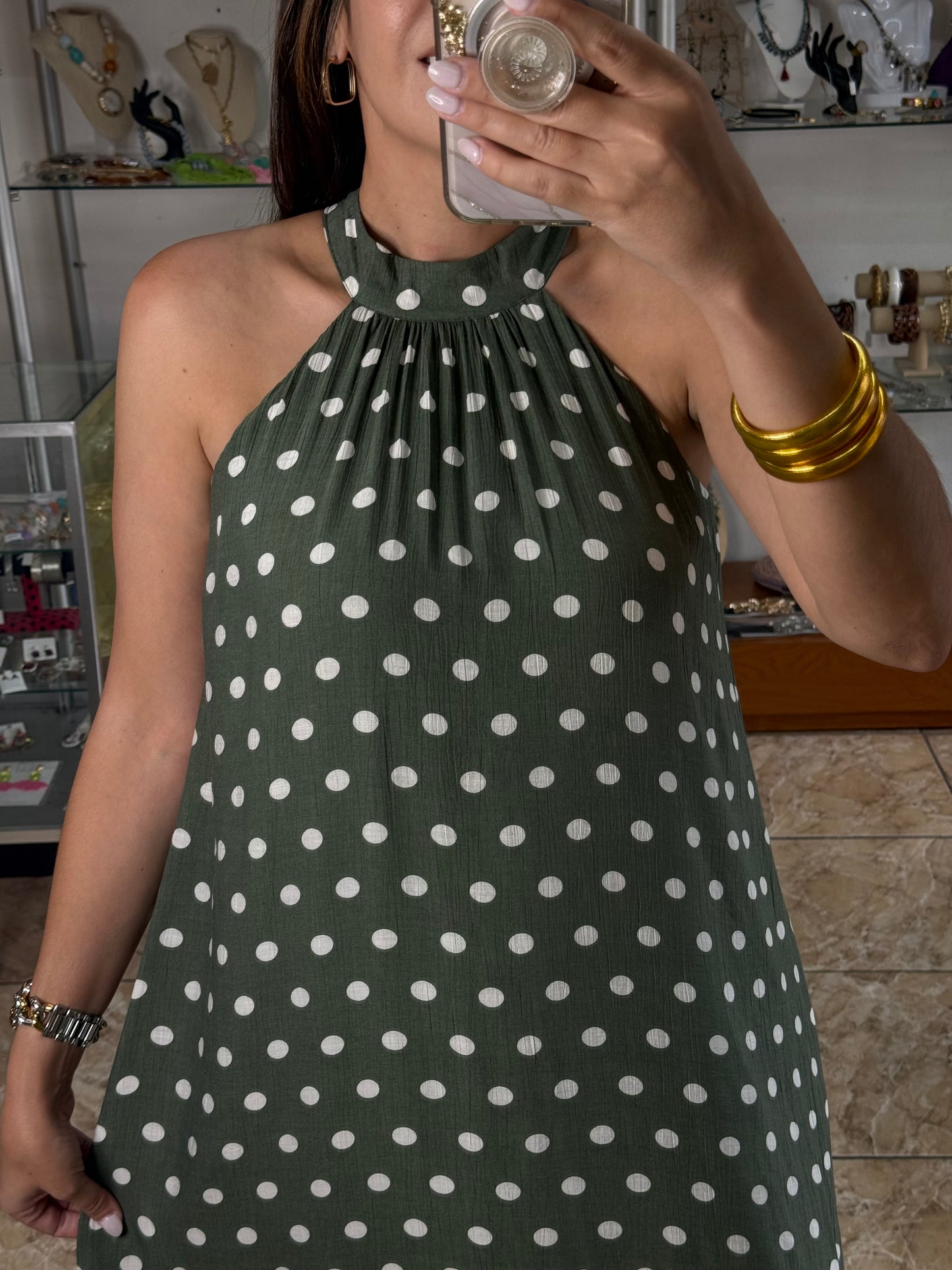 Olive Polkadots Halter Maxi Dress
