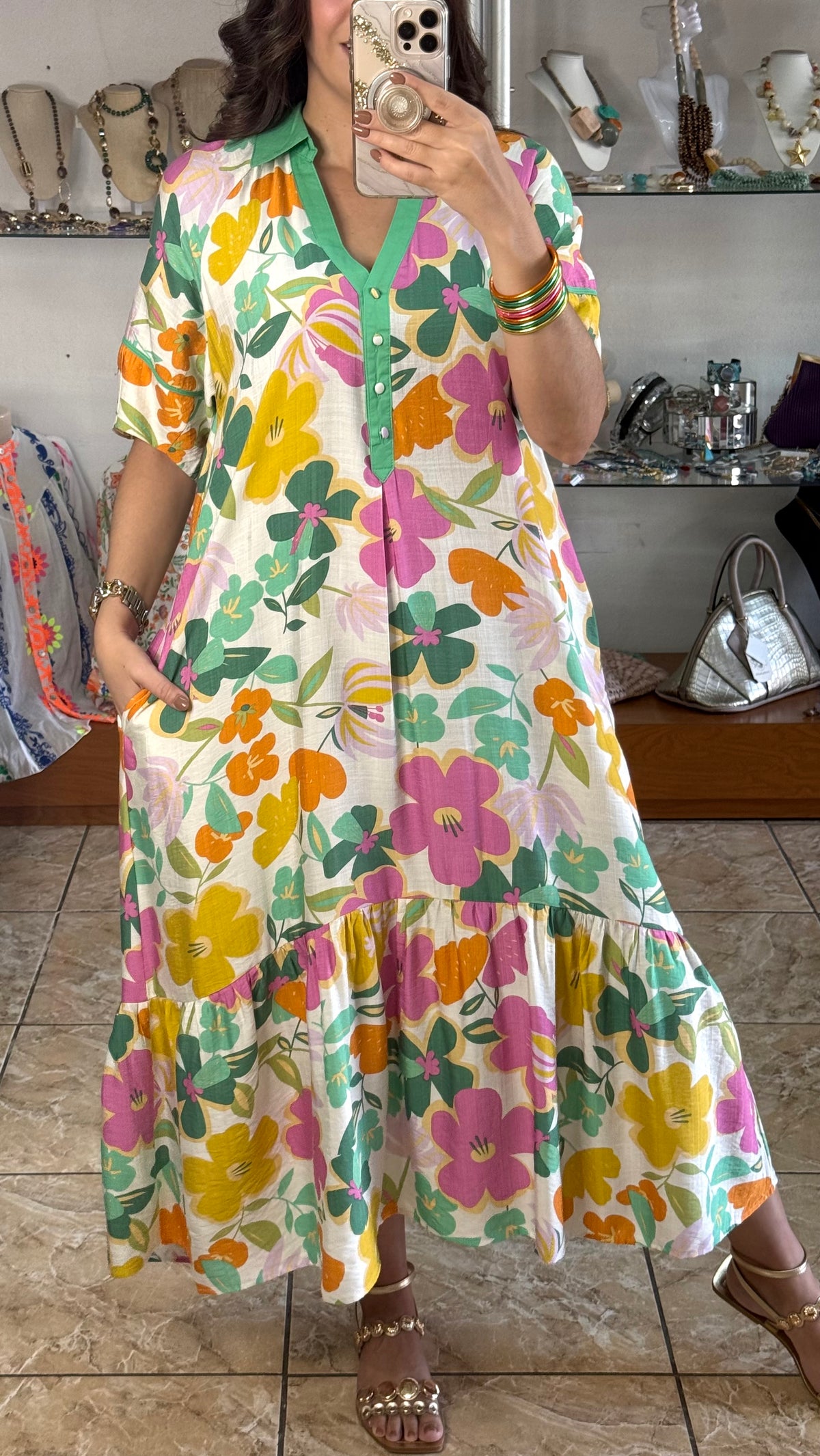 Green Mix Floral Tiered Midi Dress