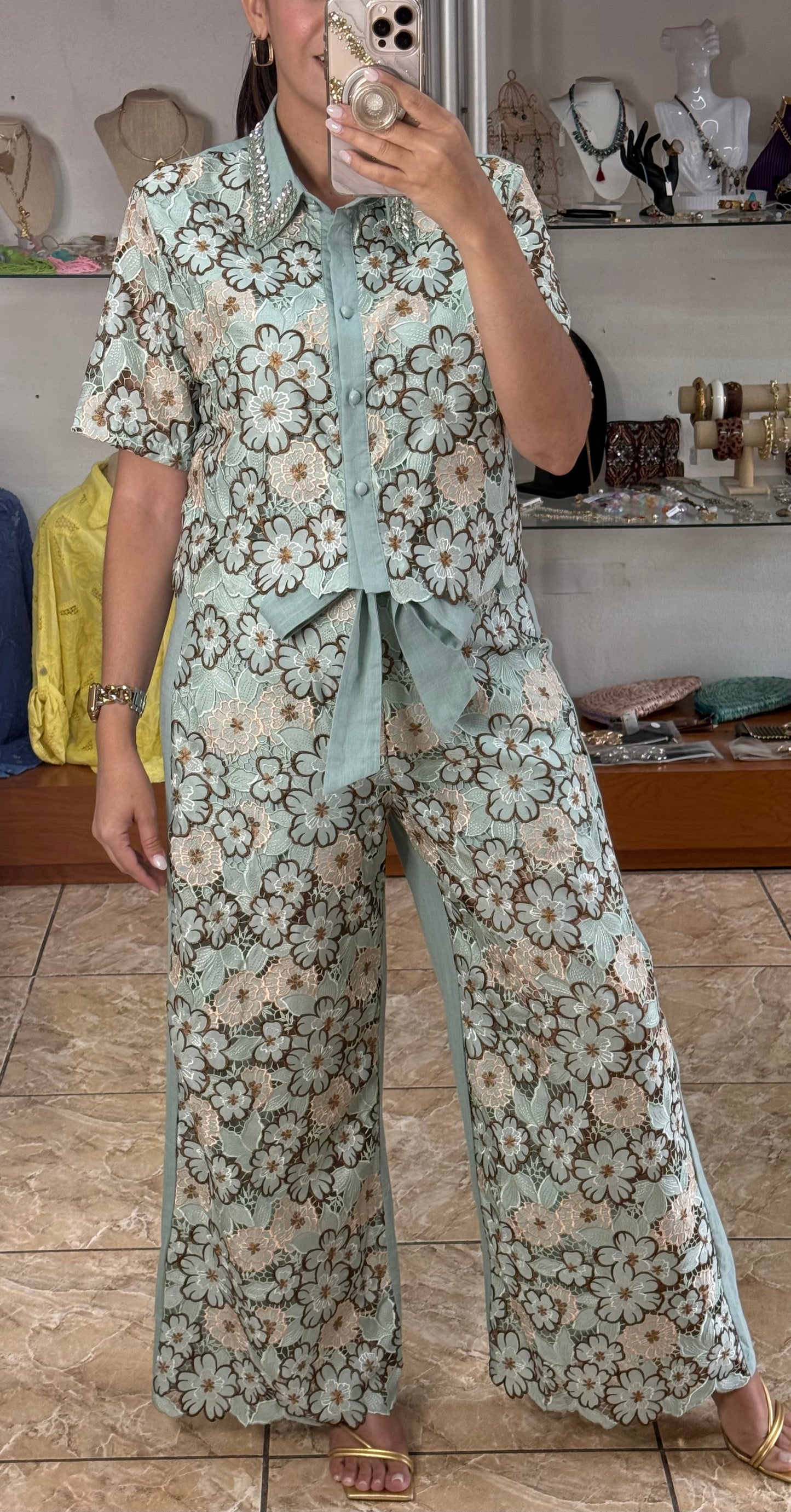 Sage Floral Lace Top & Pant Set