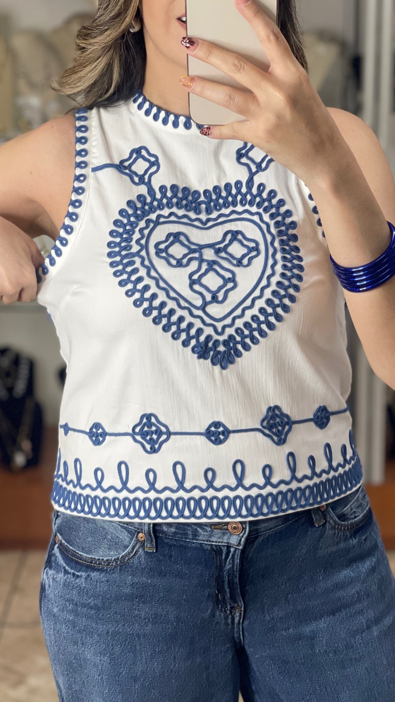 White and Blue Embroidered Top