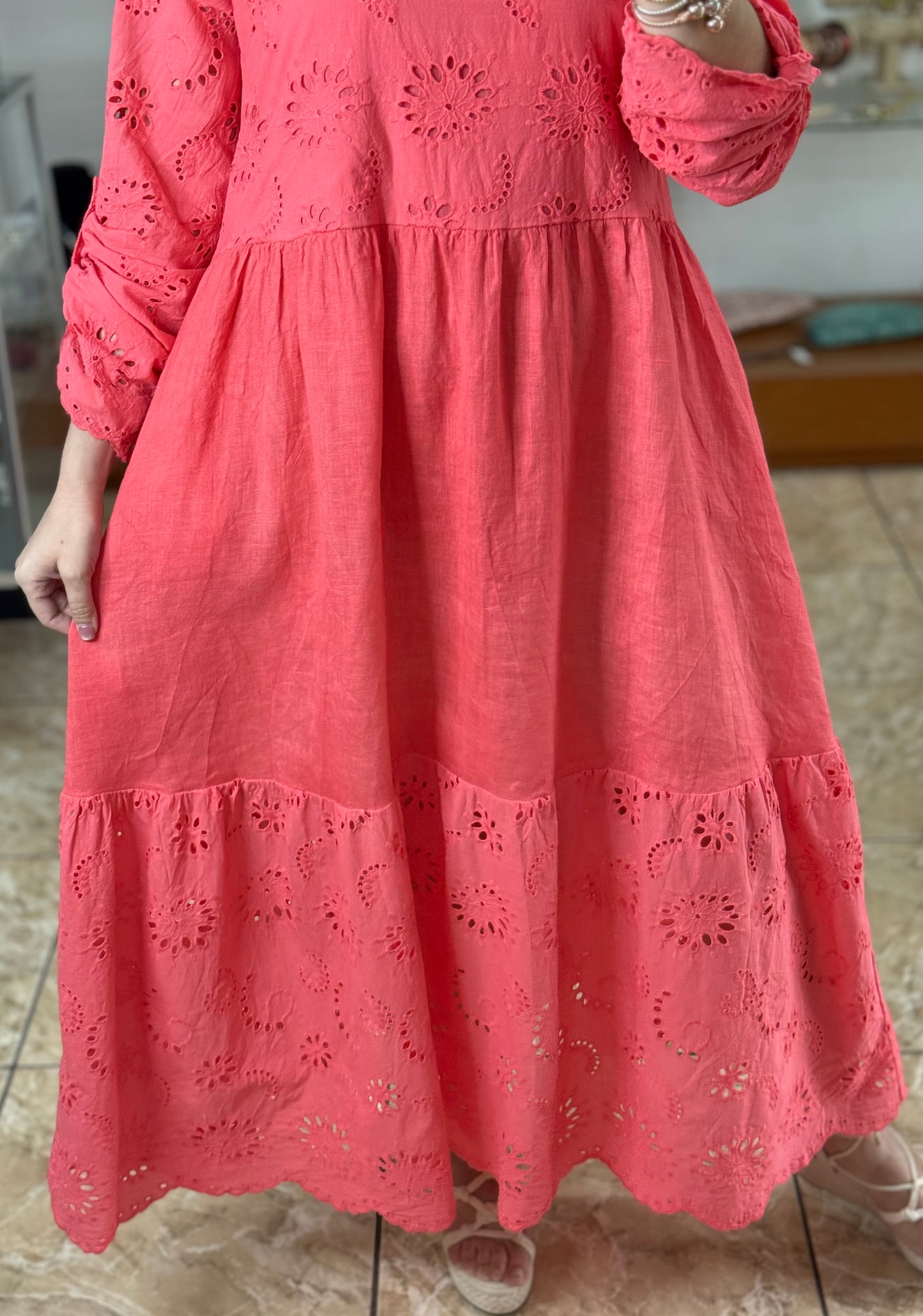 Linen/Eyelet OS Maxi Dress (FINAL SALE)