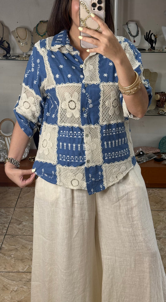 OS Blue Crochet/Embroidered Top (NO RETURNS OR EXCHANGE)