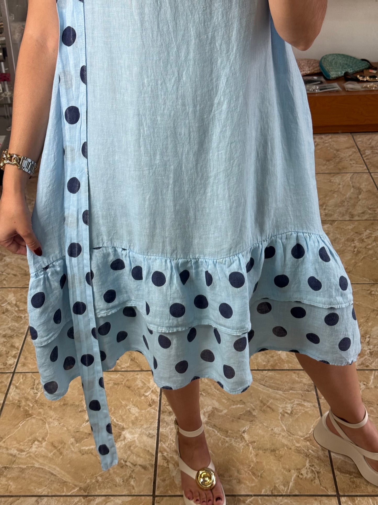 Navy Polkadots OS Linen Short Dress (NO RETURNS OR EXCHANGE)